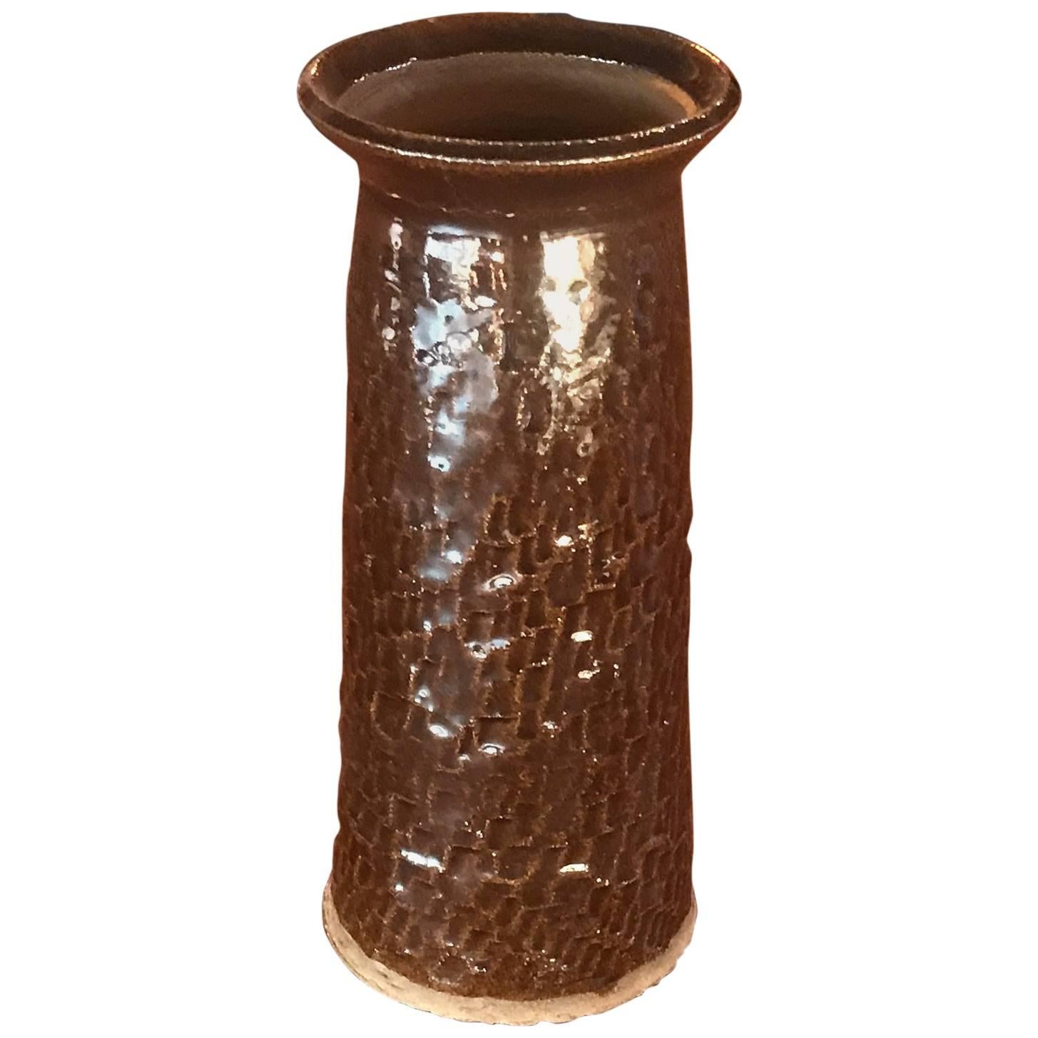 Midcentury Studio Textured Tall Ceramic Vase Pot Pottery Art For Sale