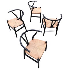 Vintage Four Black Wishbone Chairs by Hans Wegner for Carl Hansen & Søn
