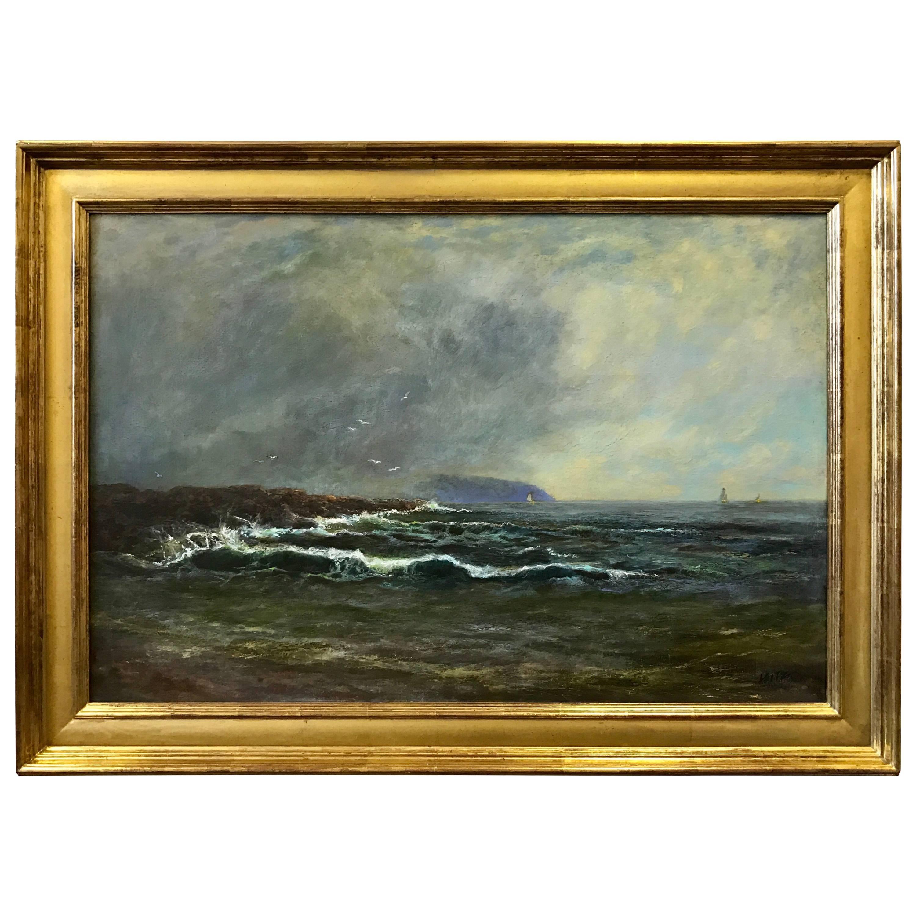 Jeffrey Leitz Signed Oil Painting Charles Island Squall Seascape Gold Frame