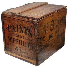 Late 19th-Early 20th Century Advertising Wooden Box with Leather Hinges