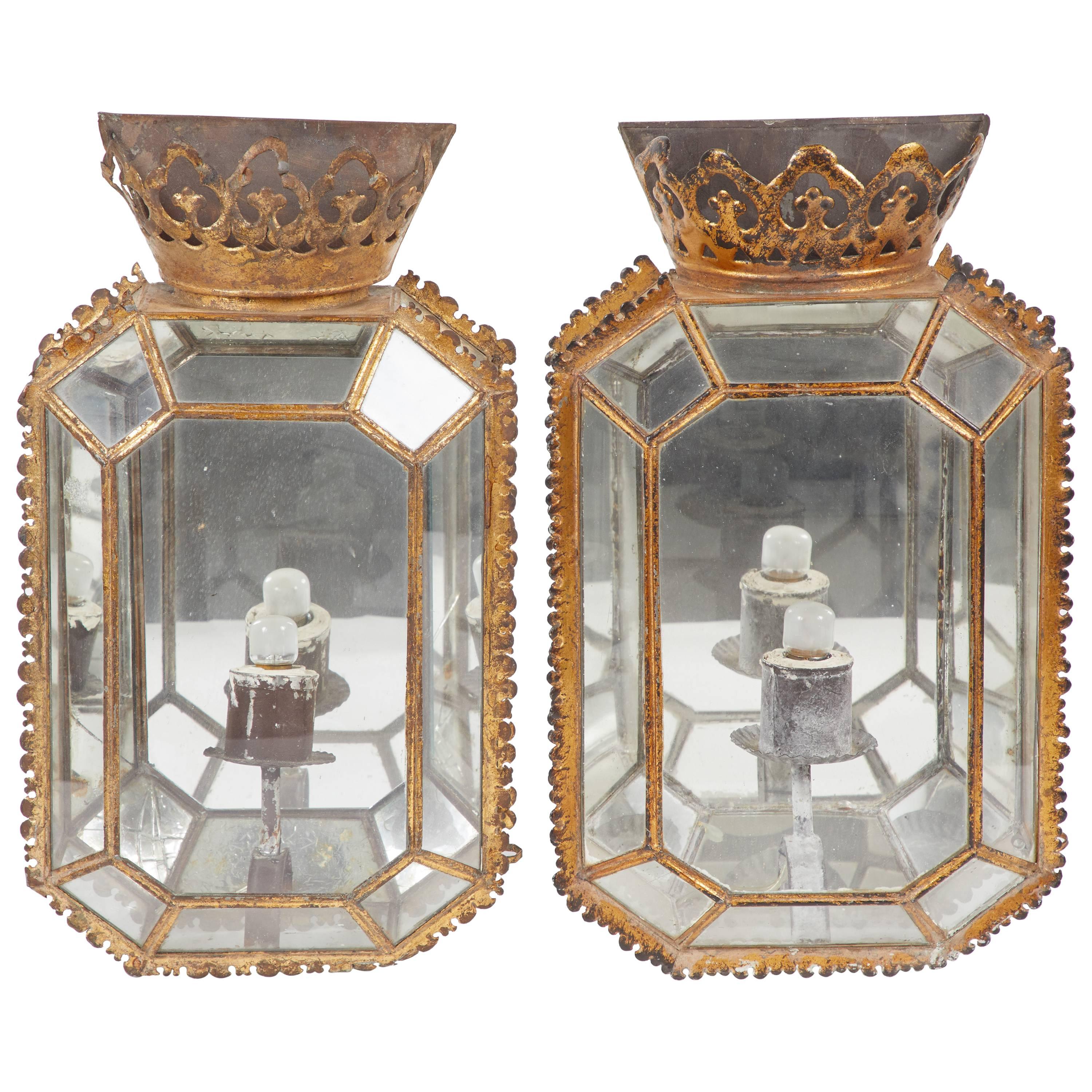 Pair of 19th Century Regency Glass and Tole Sconces