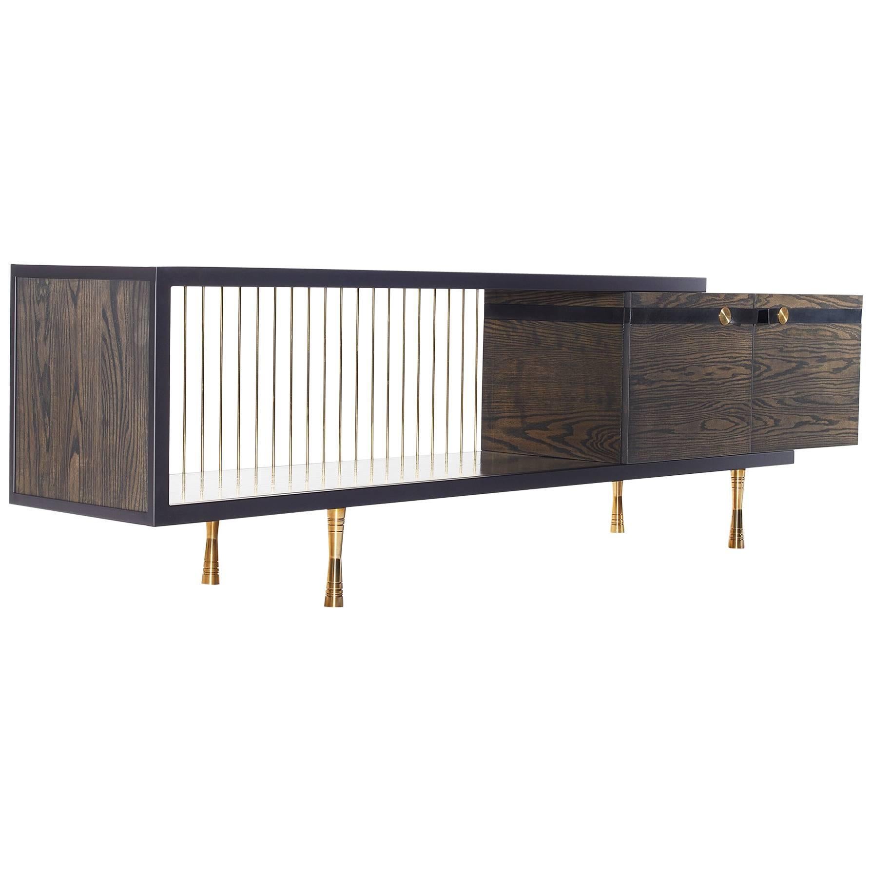 Viga Console in Red Oak, Steel, Leather and Brass 2017 by Post & Gleam For Sale