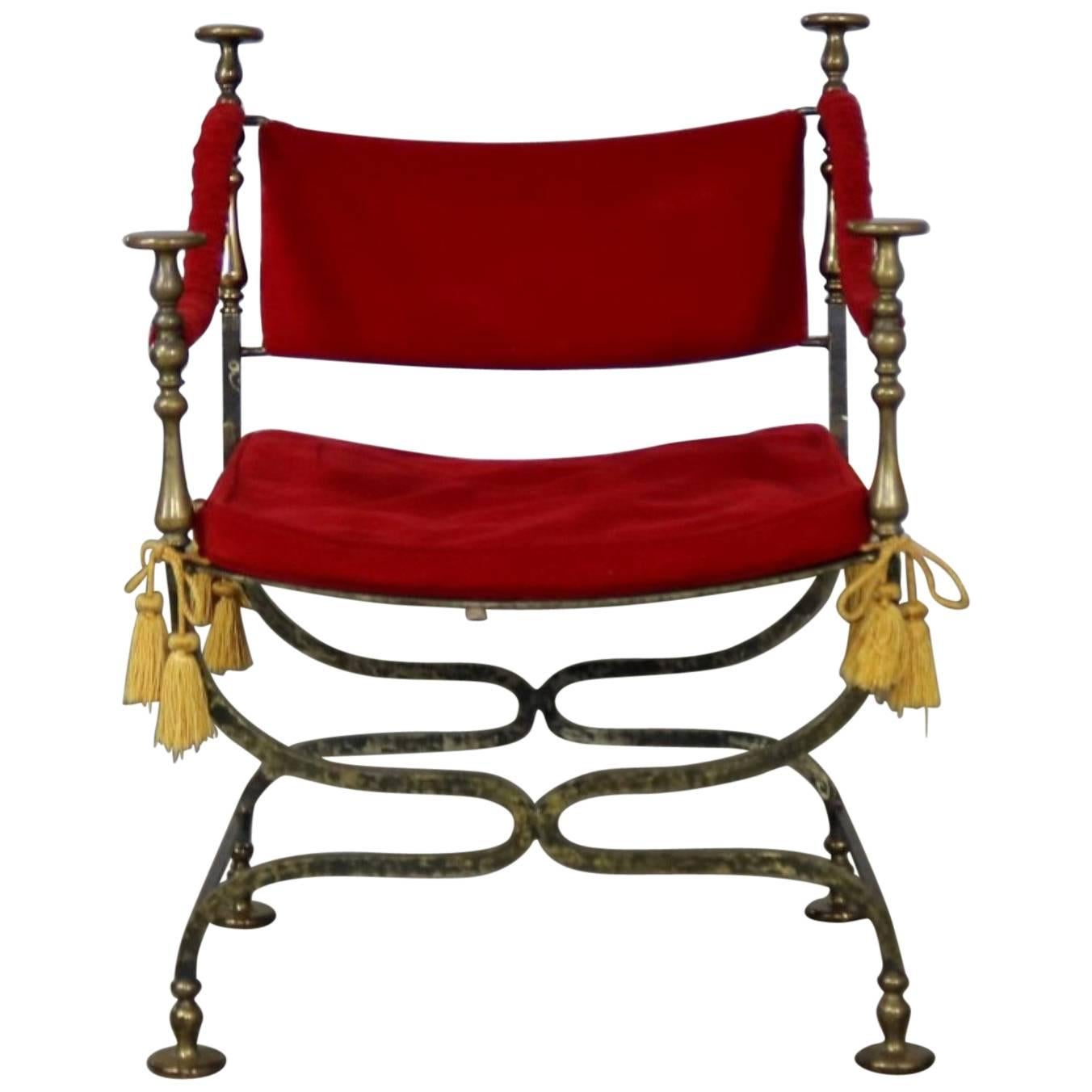 Wrought Iron and Brass Curule Savonarola Chair, Mid-20th Century