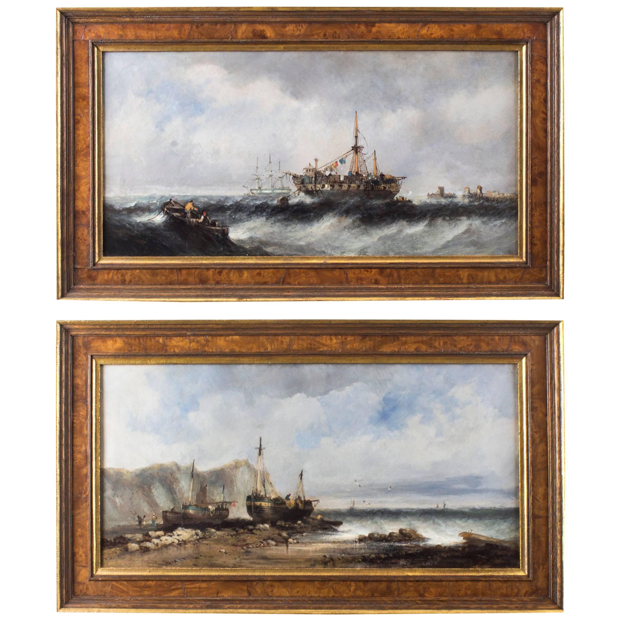 Antique Pair of Seascape Oil Paintings Fishing Boats, 19th Century