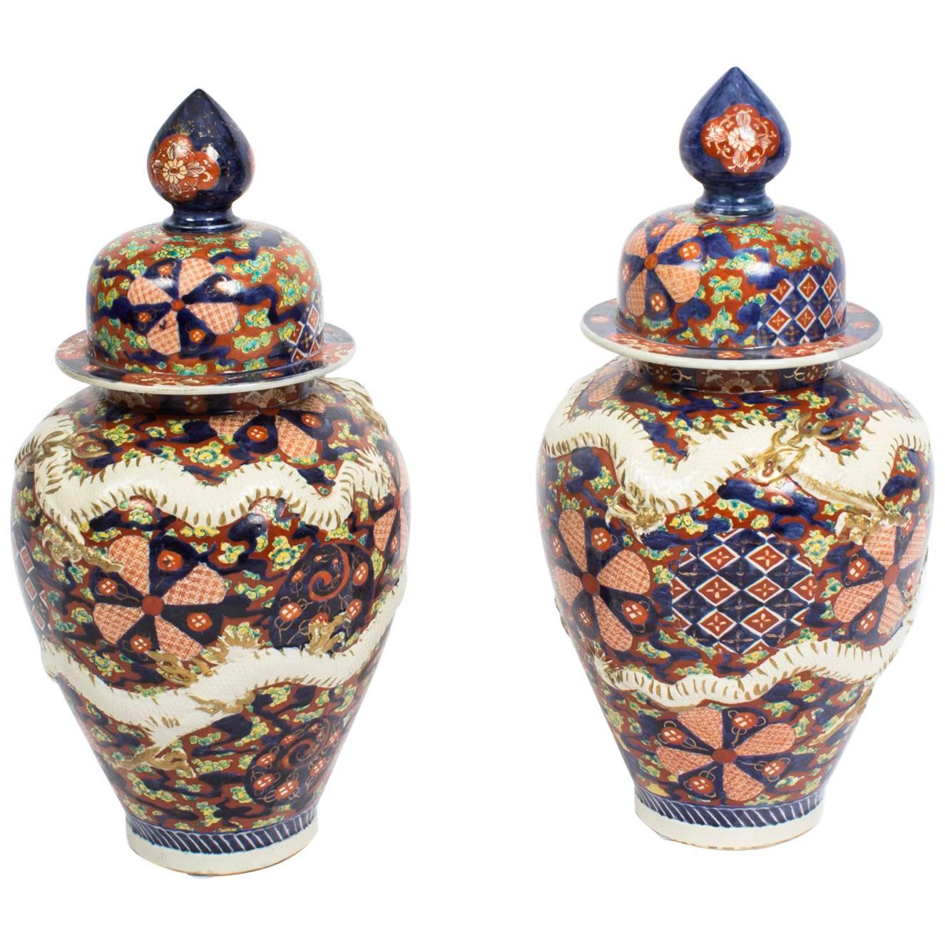 Antique Pair of Japanese Imari Dragon Porcelain Vases, 19th Century
