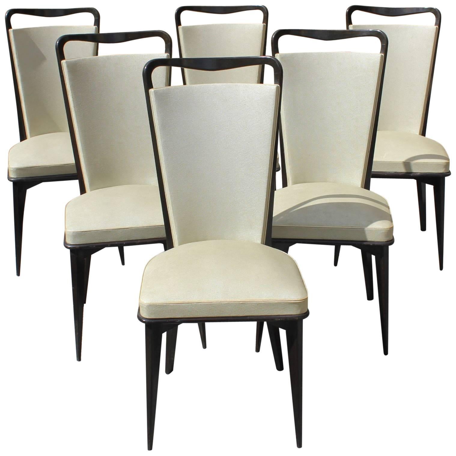 Set of Six French Art Deco Solid Macassar Ebony Dining Chairs, circa 1940s