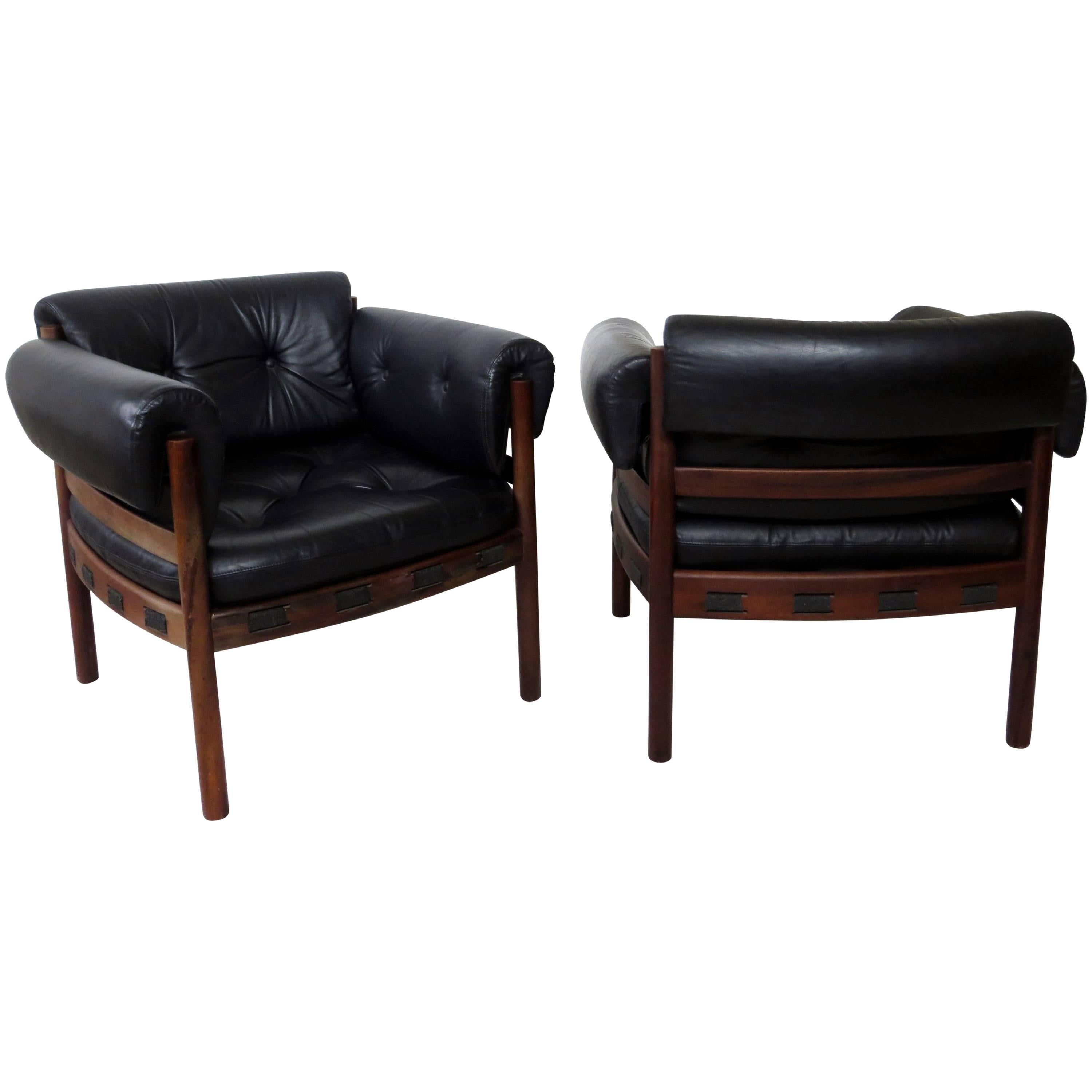 Pair of Arne Norell Rosewood Lounge Chairs for Coja Sweden in Black Leather