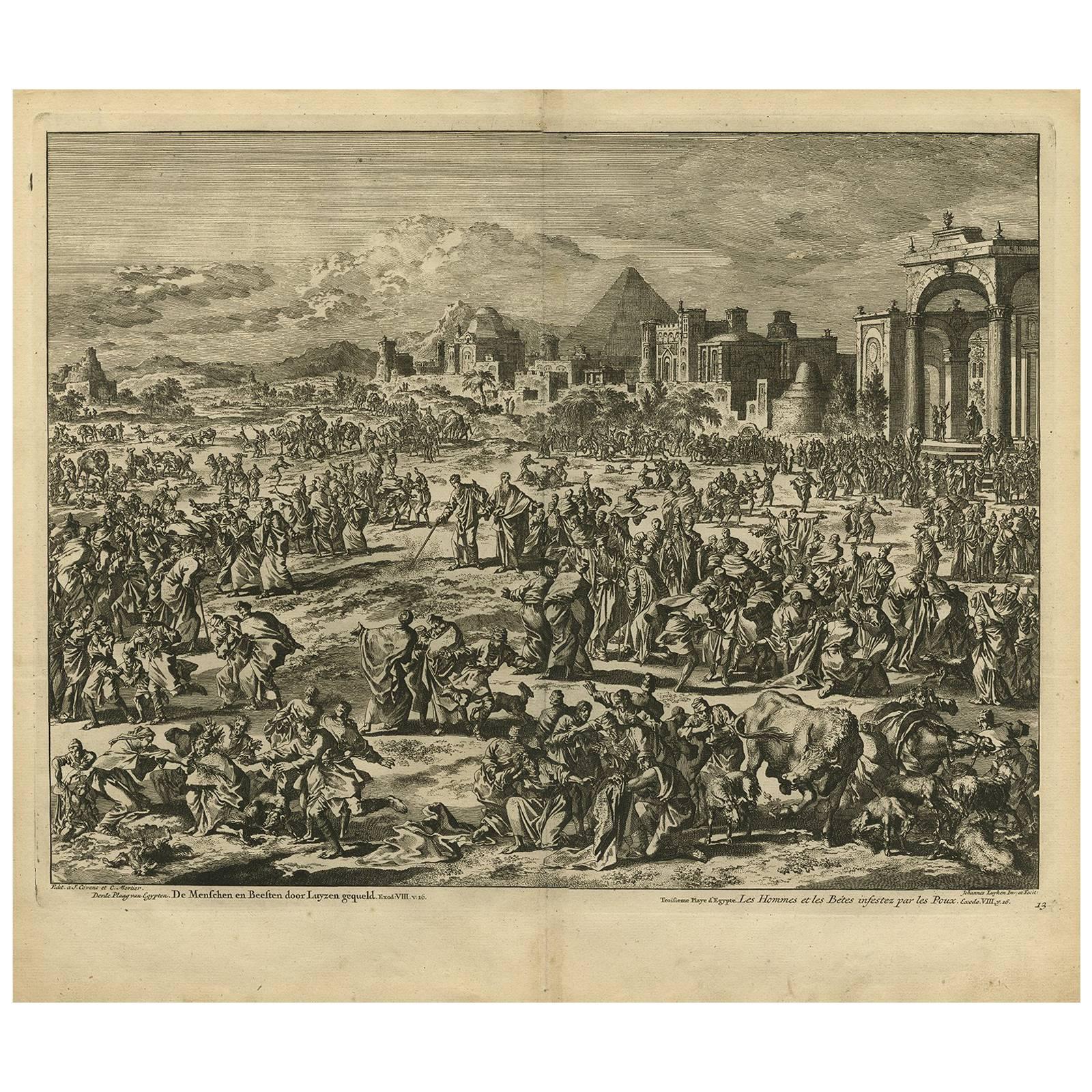 Antique Bible Print Third Plague of Egypt by J. Luyken, 1743 For Sale