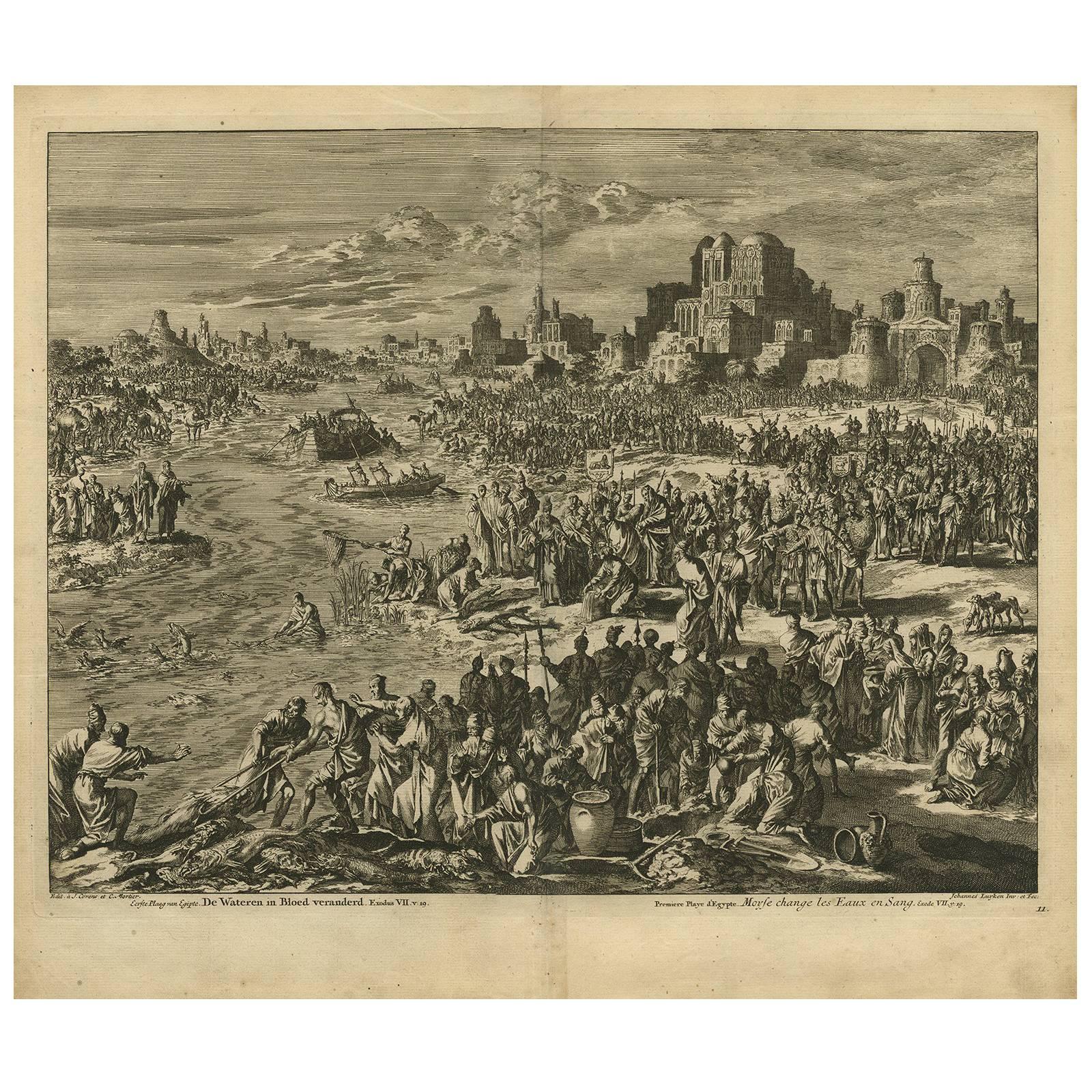 Antique Bible Print First Plague of Egypt by J. Luyken, 1743