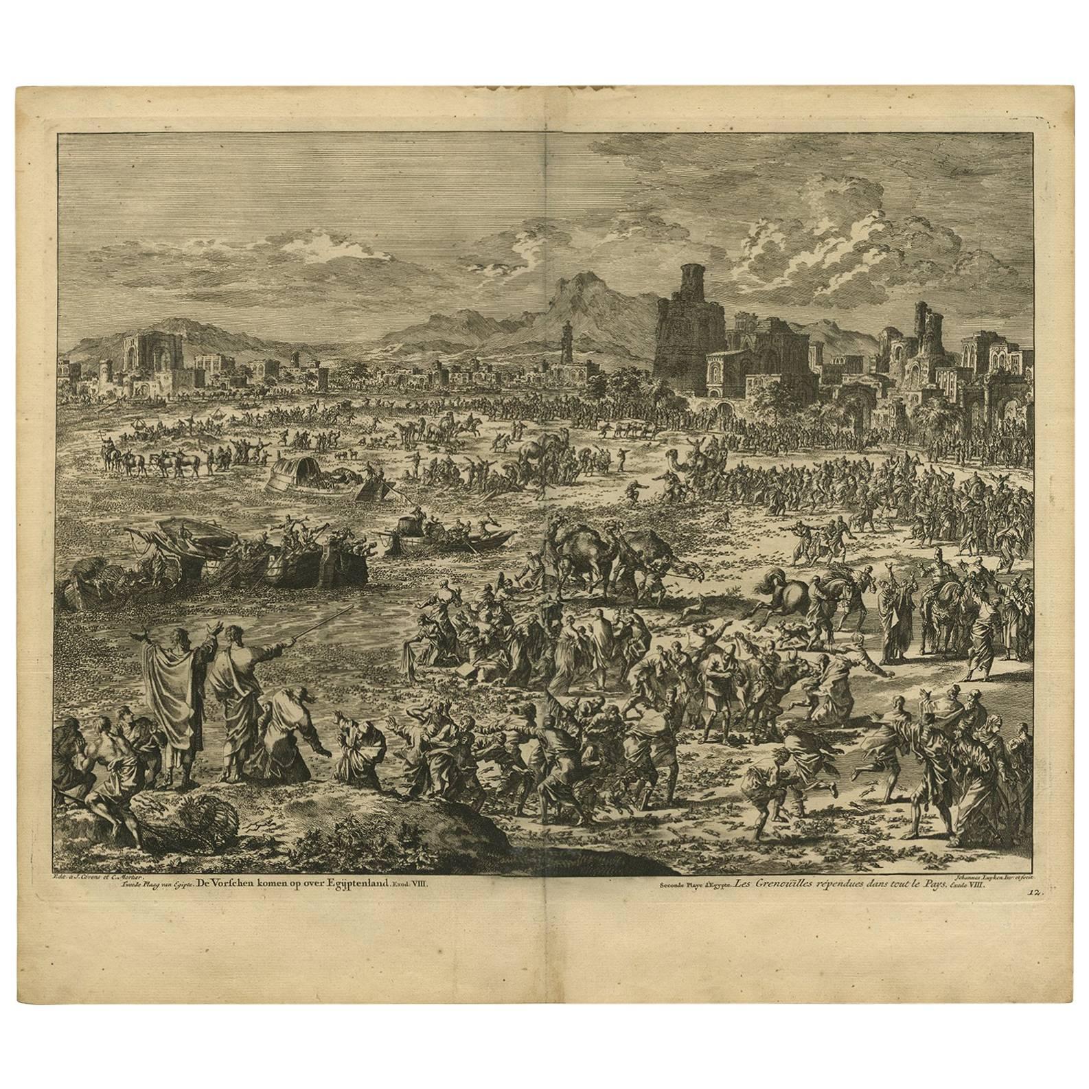 Antiker antiker Bibeldruck „Second Plague of Egypt“ von J. Luyken, 1743