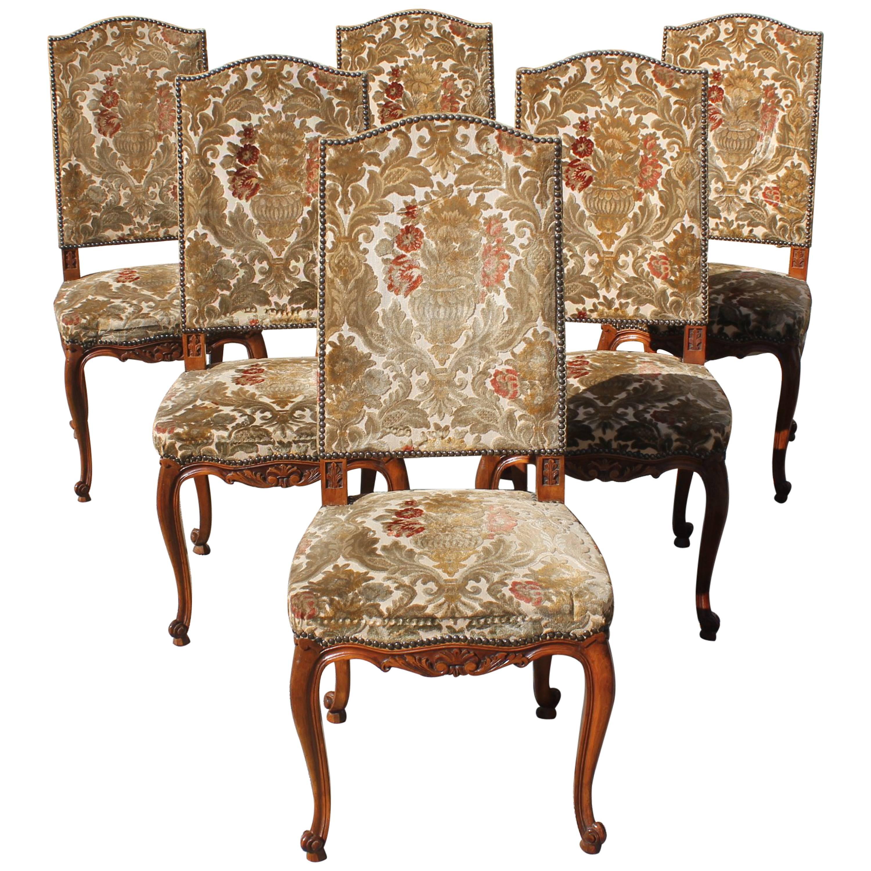 Fine Set of Six French Louis XV Solid Walnut Dining Chairs, circa 19th Century