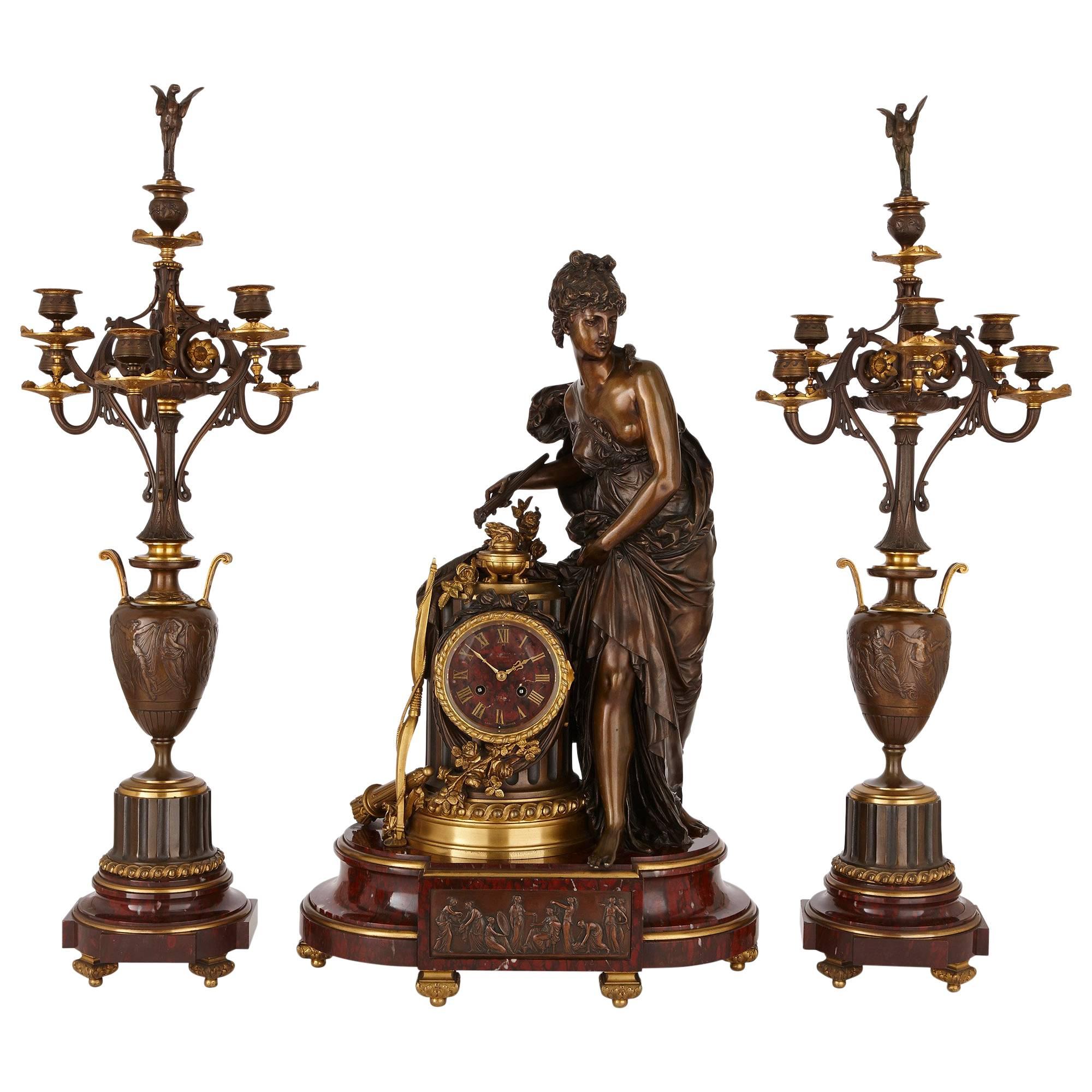 Lemerle-Charpentier & Cie Marble, Gilt and Patinated Bronze Clock Set