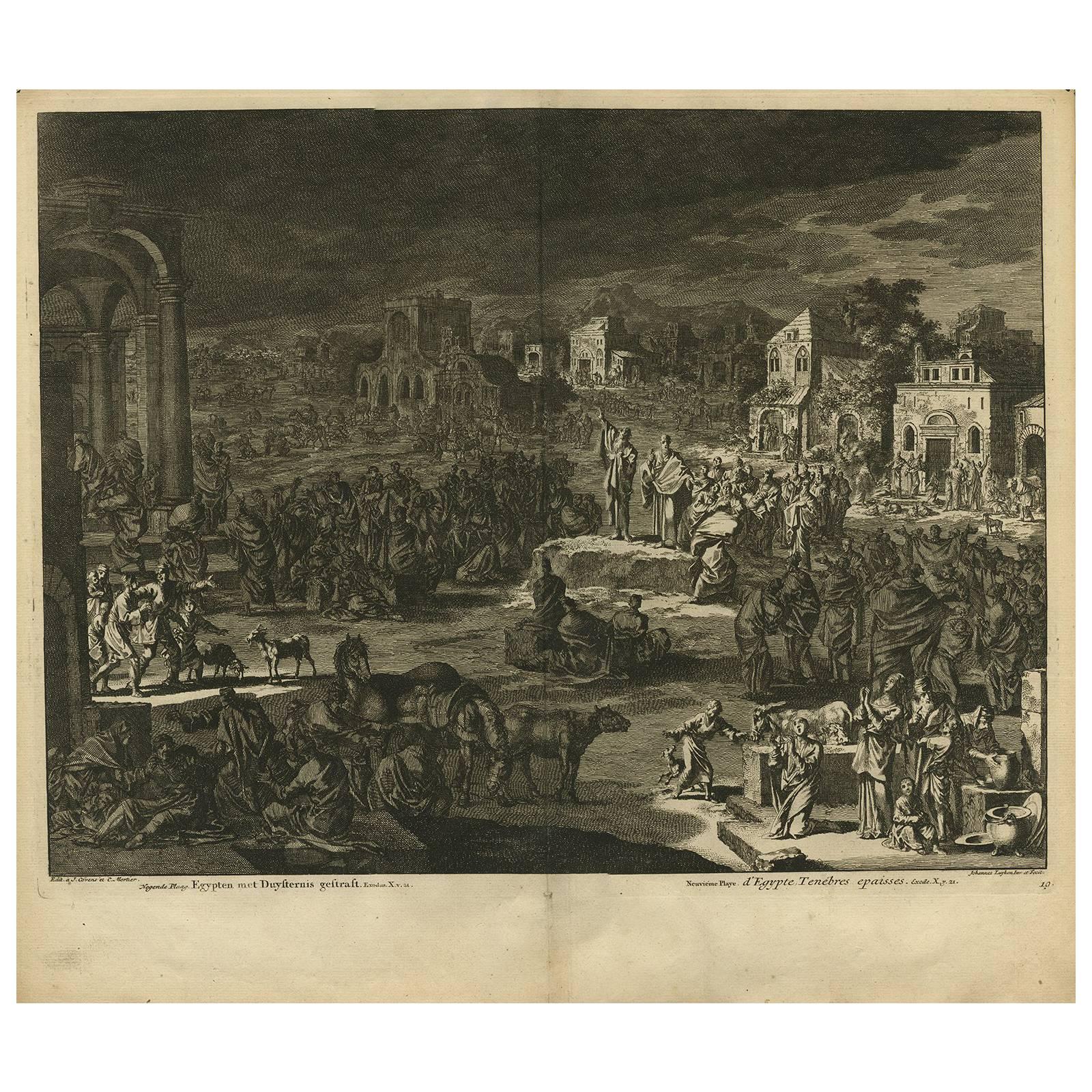 Antique Bible Print Ninth Plague of Egypt by J. Luyken, 1743 For Sale