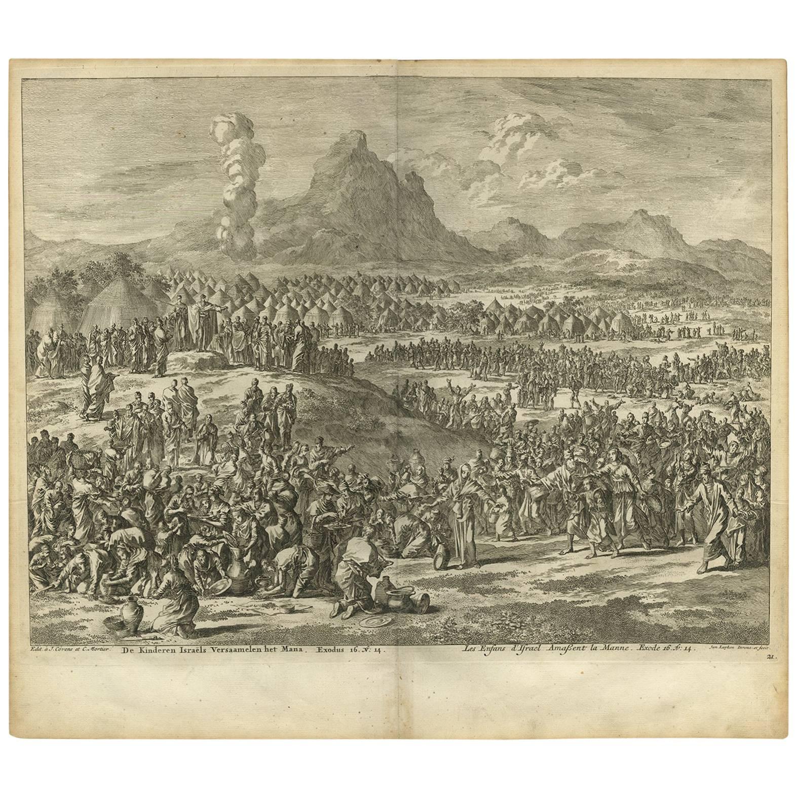 Antique Bible Print Children of Israel gathering the Manna by J. Luyken, 1743 For Sale
