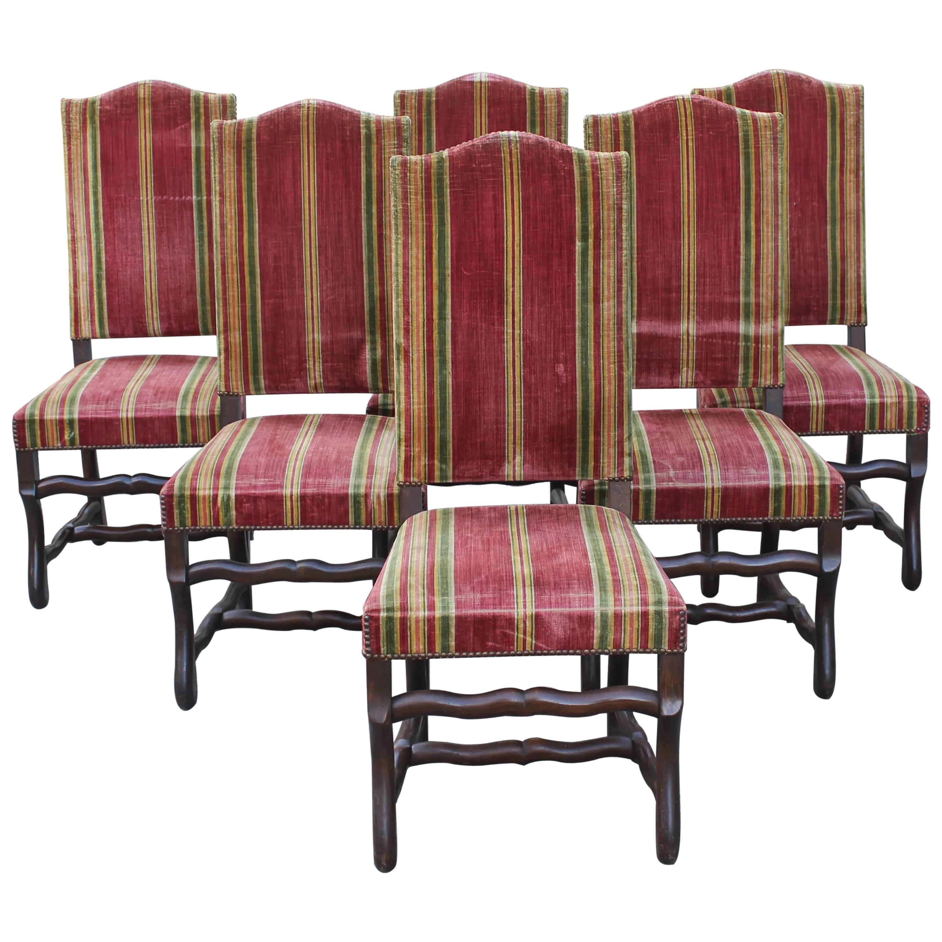 Monumental Set of Six Louis XIII Style Walnut Os De Mouton Dining Chairs