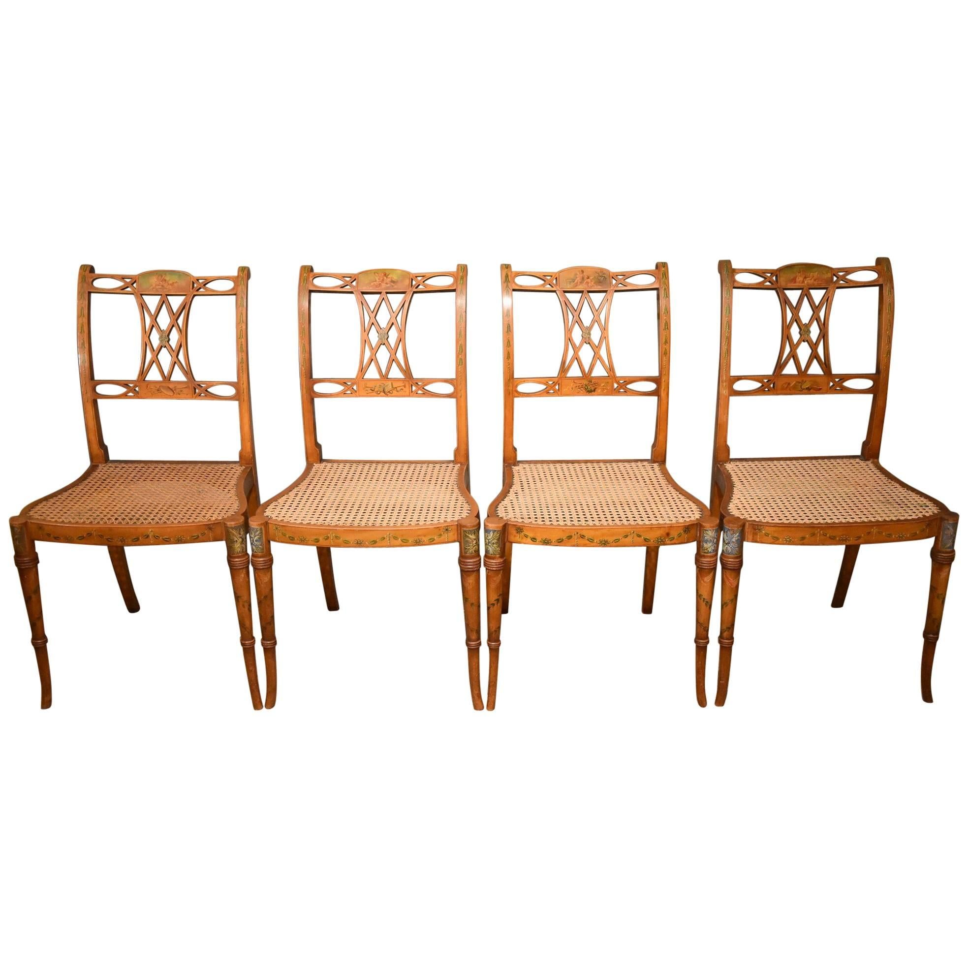 Late 19th Century Set of Four Satinwood Hand-Painted Chairs
