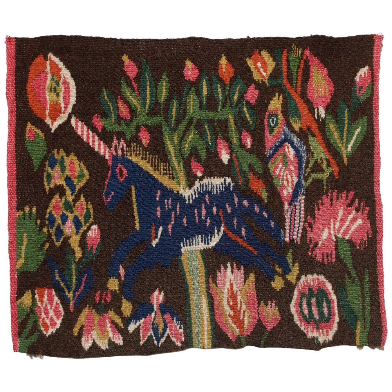 Small Handwoven Antique Tradtional Swedish Wool Tapestry with Unicorn Motive For Sale