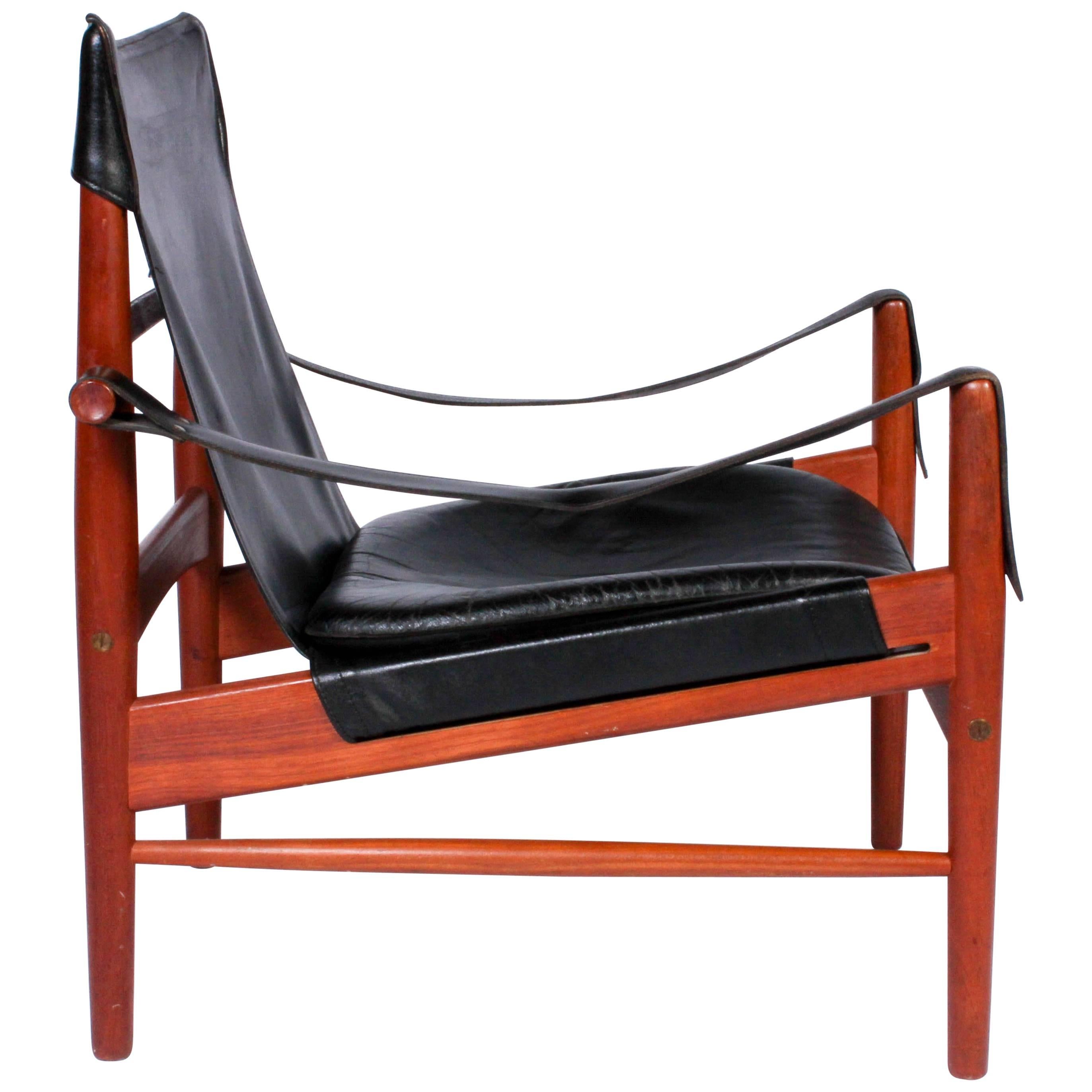 Hans Olsen Rare Black Leather and Teak "Antilop" Safari Chair