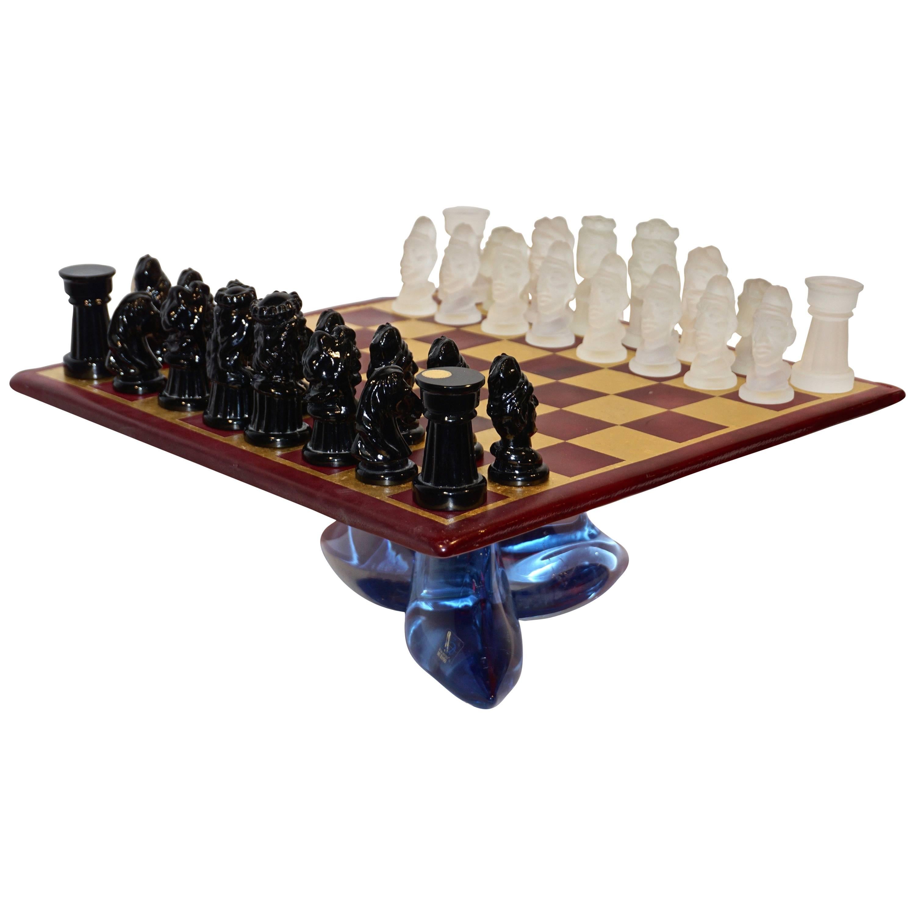 1980s Nason & Toso White and Black Murano Glass Chess Set on Red and Gold Board