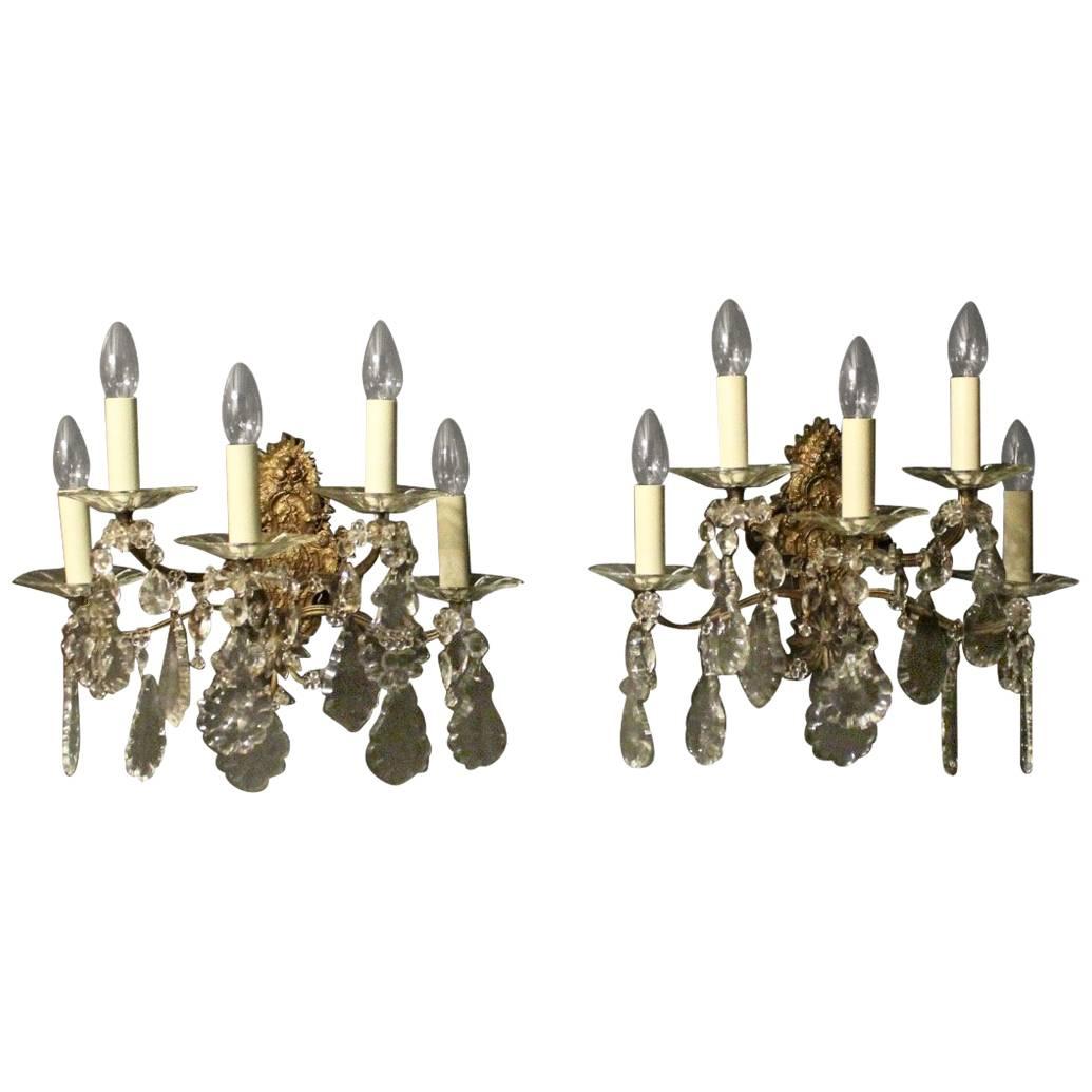 French Pair of Gilded Bronze and Crystal Five-Arm Antique Wall Lights