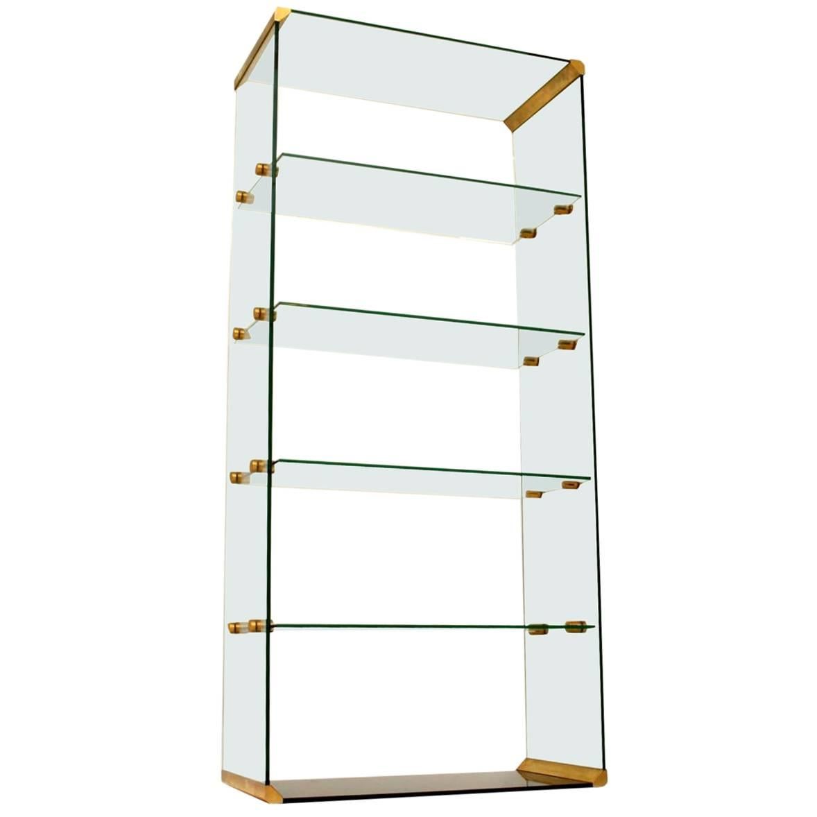 1970s Vintage Italian Glass and Brass Bookcase or Display Cabinet