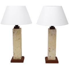 Pair of Coquina Stone and Teak Table Lamp
