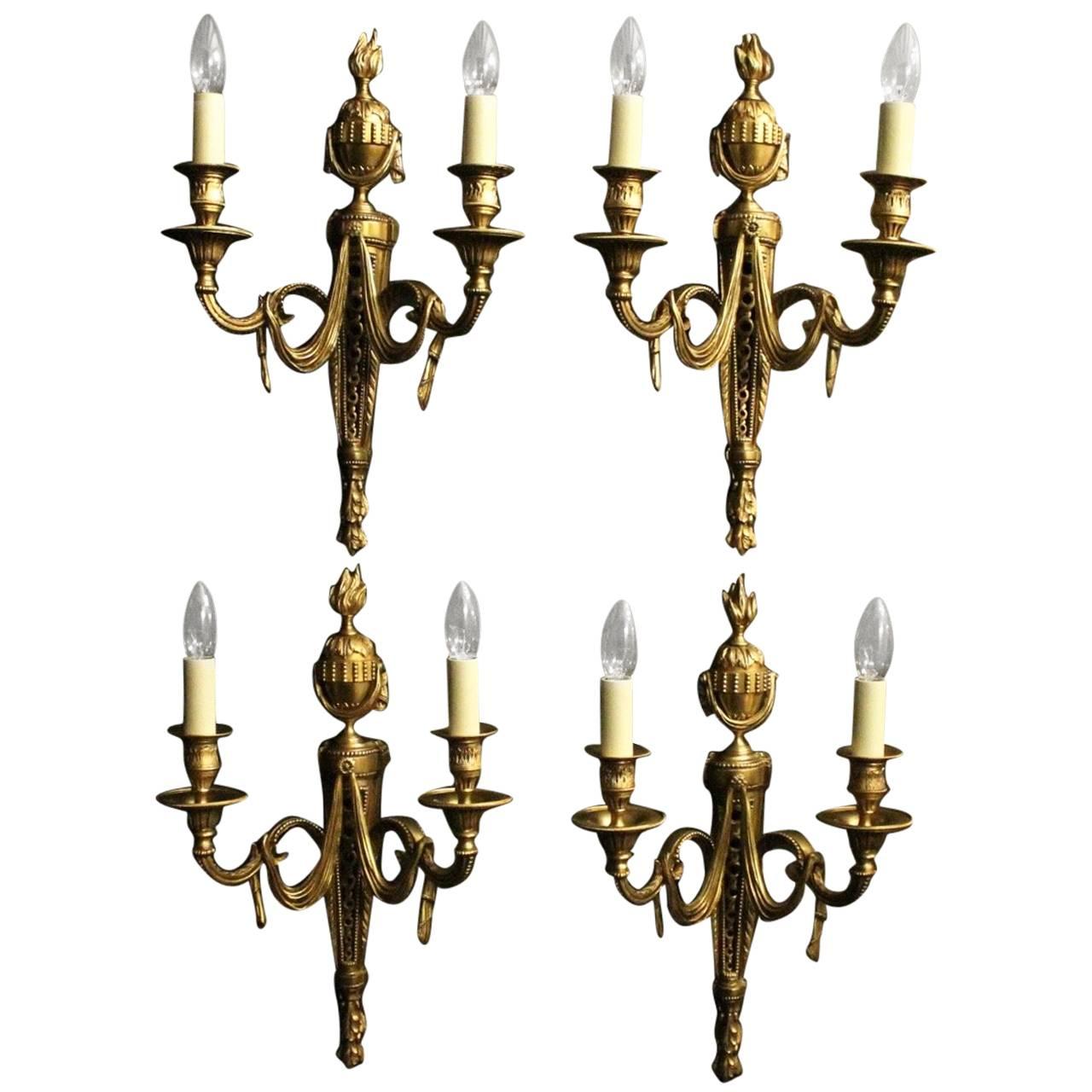 French Set of Four Gilded Cast Bronze Twin Arm Antique Wall Lights