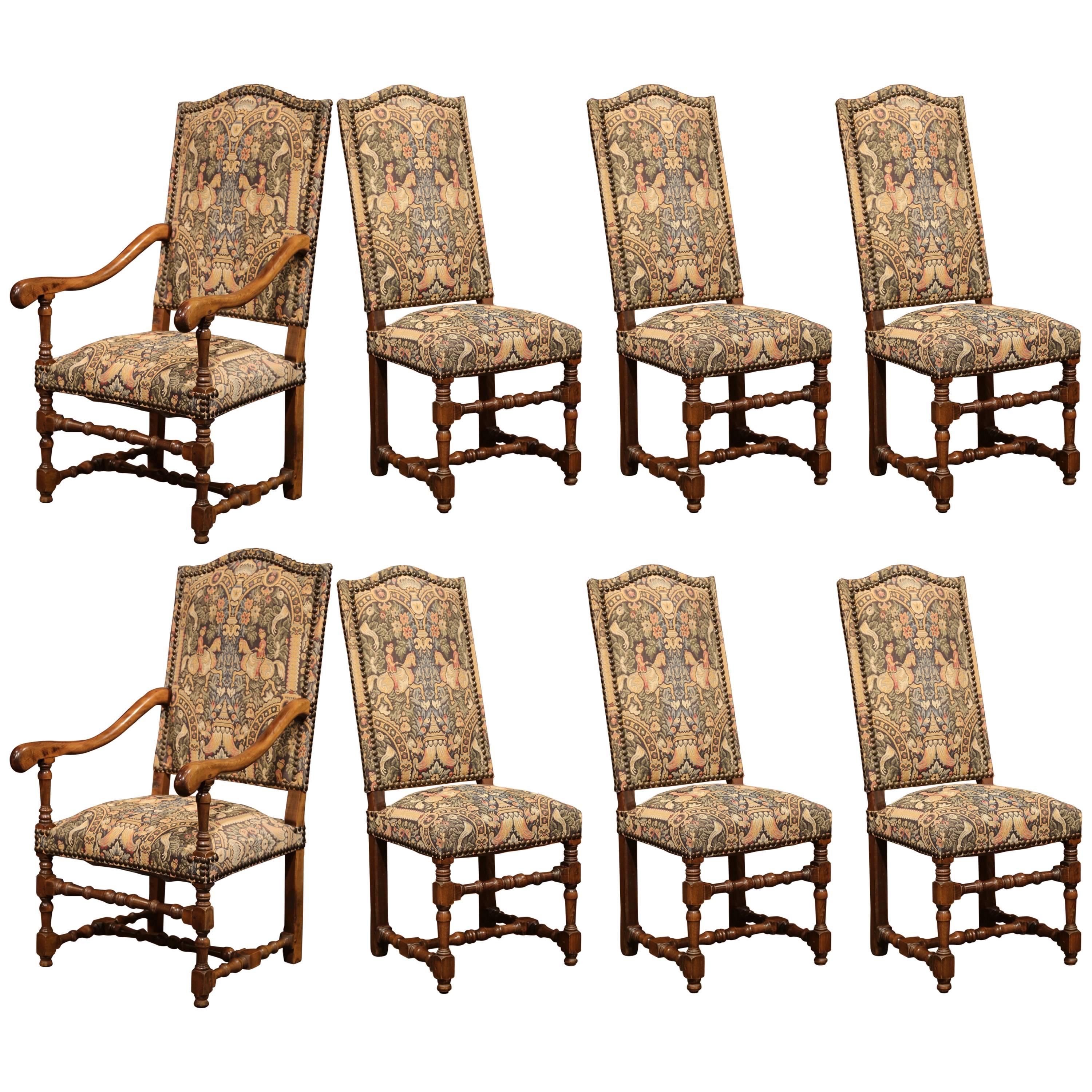French Set of Six Side Chairs and Two Armchairs with Tapestry Louis XIII Style