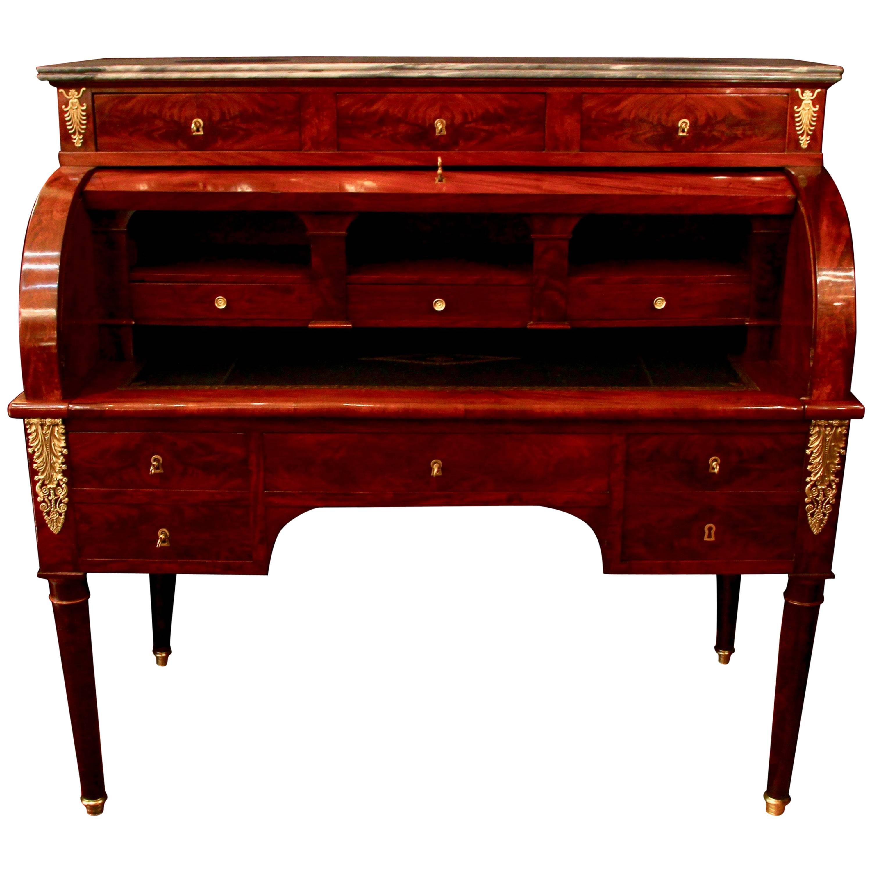 Cylinder Desk in Flame Mahogany, 19th Century For Sale