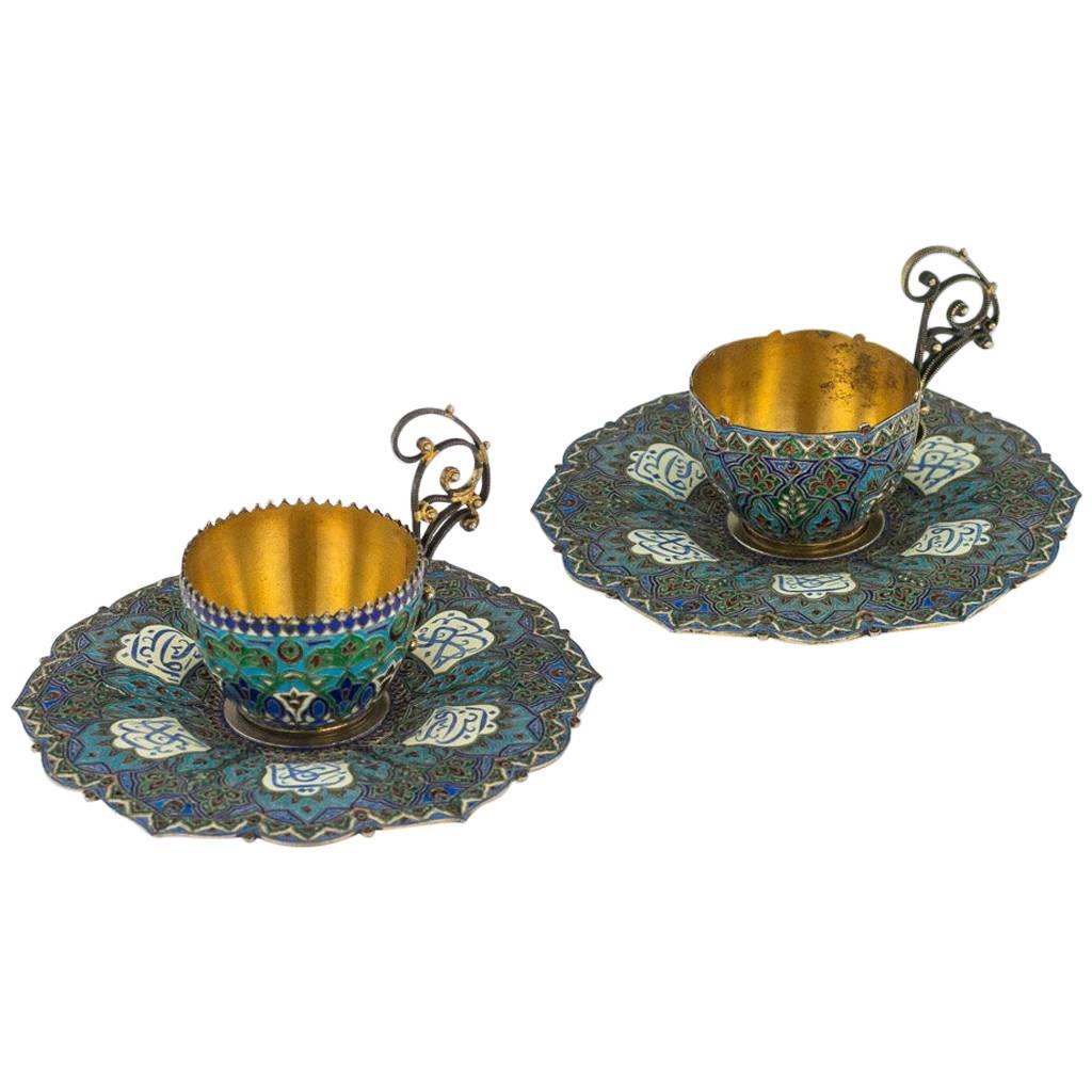 Antique Austrian Solid Silver Gilt, Enamel Cups and Saucers, circa 1890