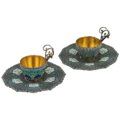 Antique Austrian Solid Silver Gilt, Enamel Cups and Saucers, circa 1890