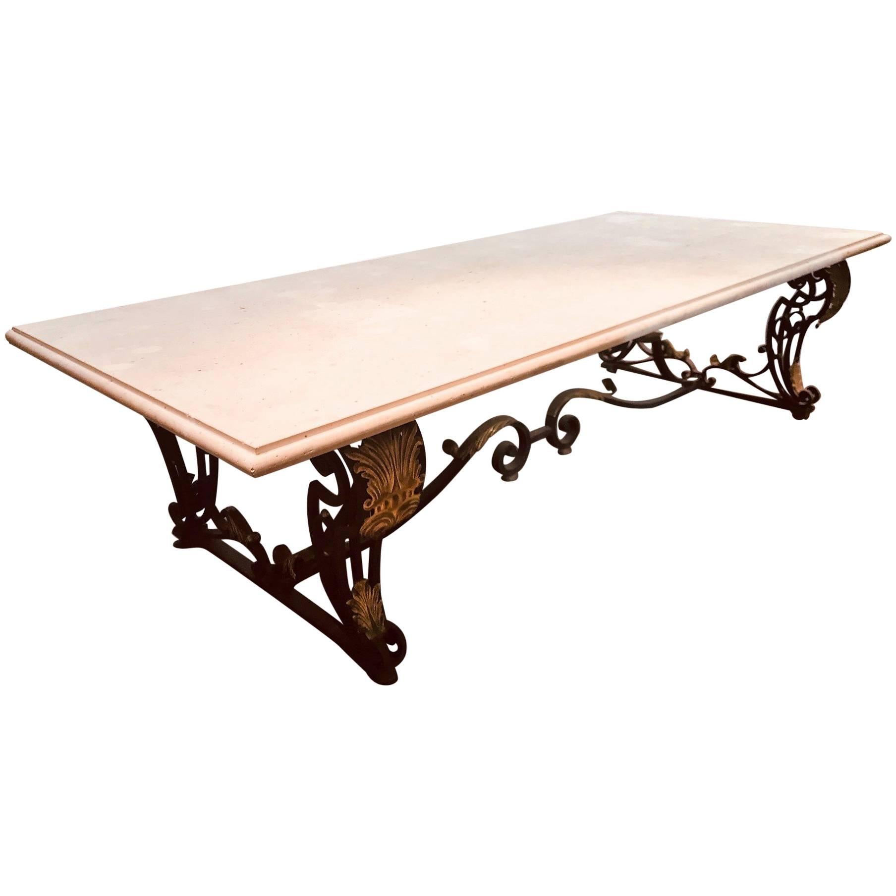 Large French Design Hand-Wrought Iron and Limestone Top Table