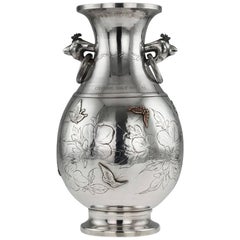 19th Century Japanese Meiji Period Solid Silver and Mixed-Metal Vase, circa 1880