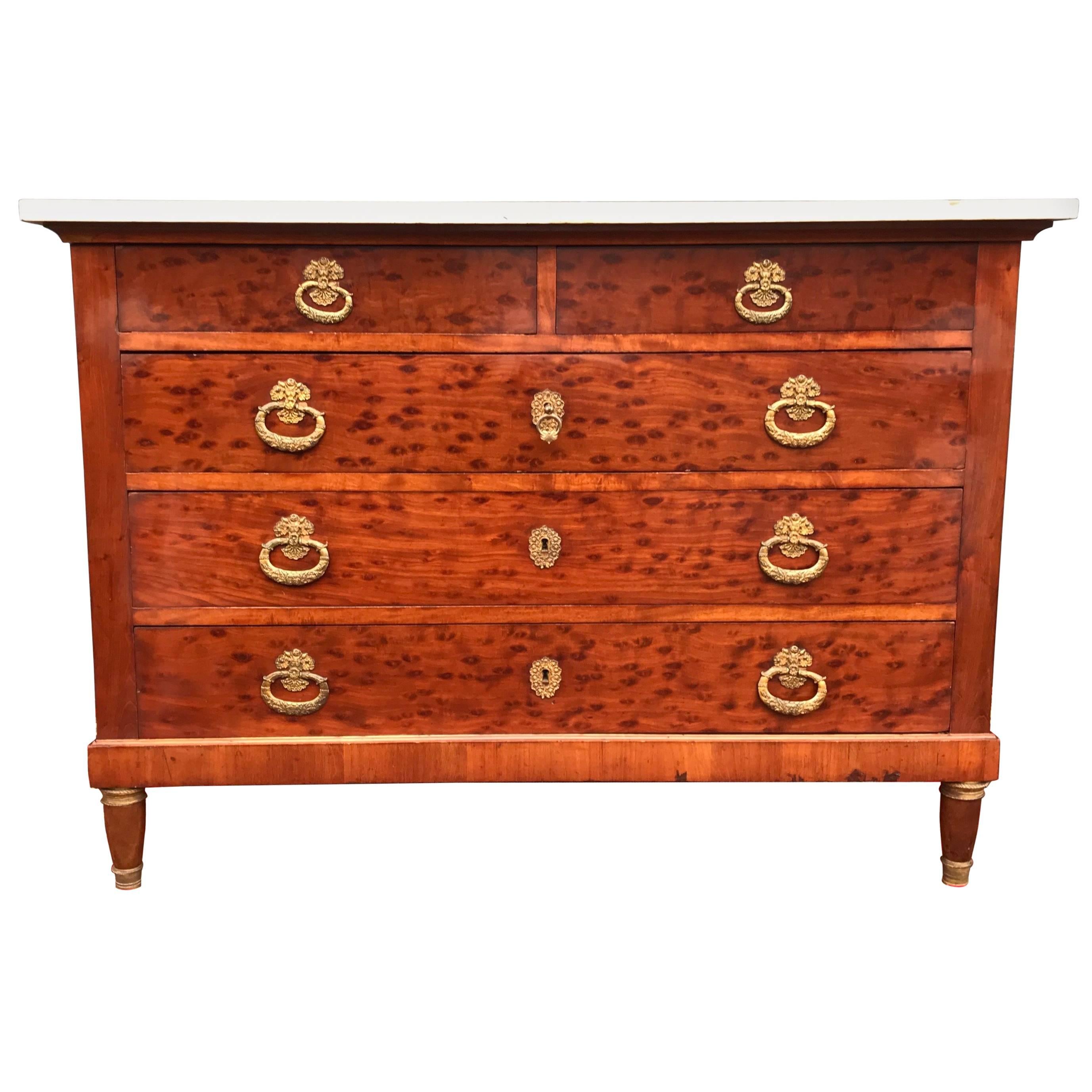 Antique Empire Style Chest of Drawers or Commode Burl Wood, Bronze, Marble Top For Sale