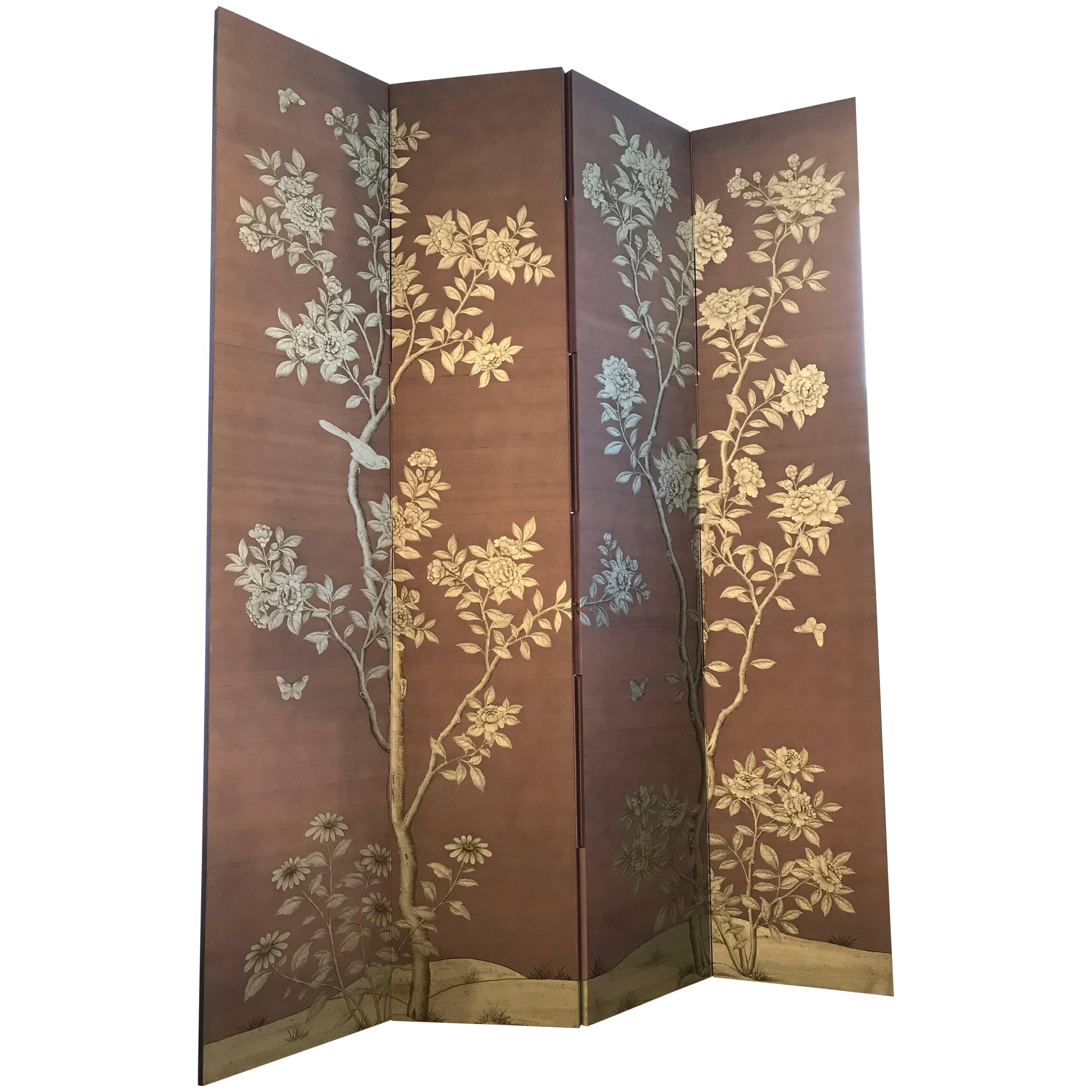 Gracie Silk Hand-Painted Screen with Silver Design For Sale