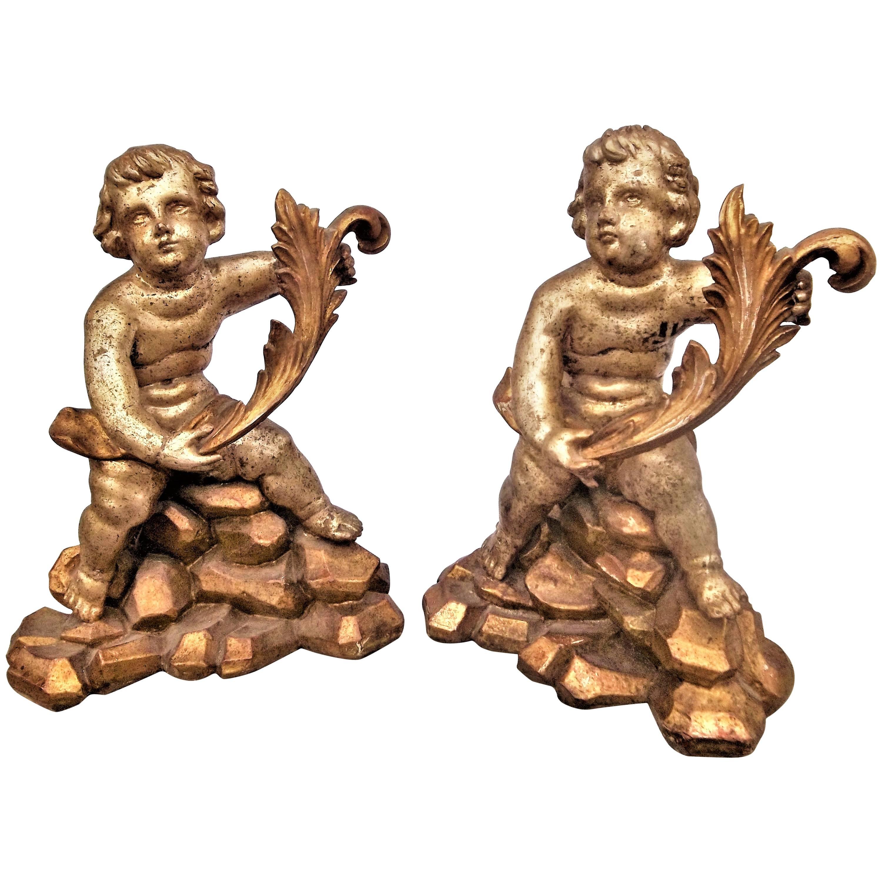Tall Pair of Baroque Style Carved Cherub Giltwood Fragments