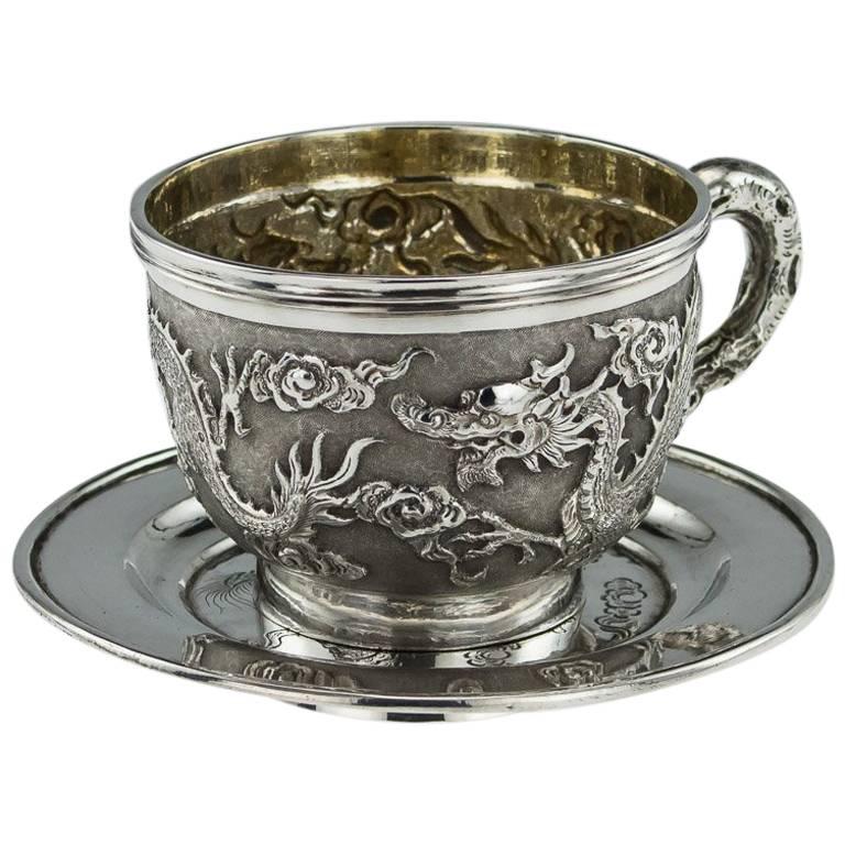 Antique Chinese Export Solid Silver Cased Cup and Saucer Tuck Chang, circa 1890