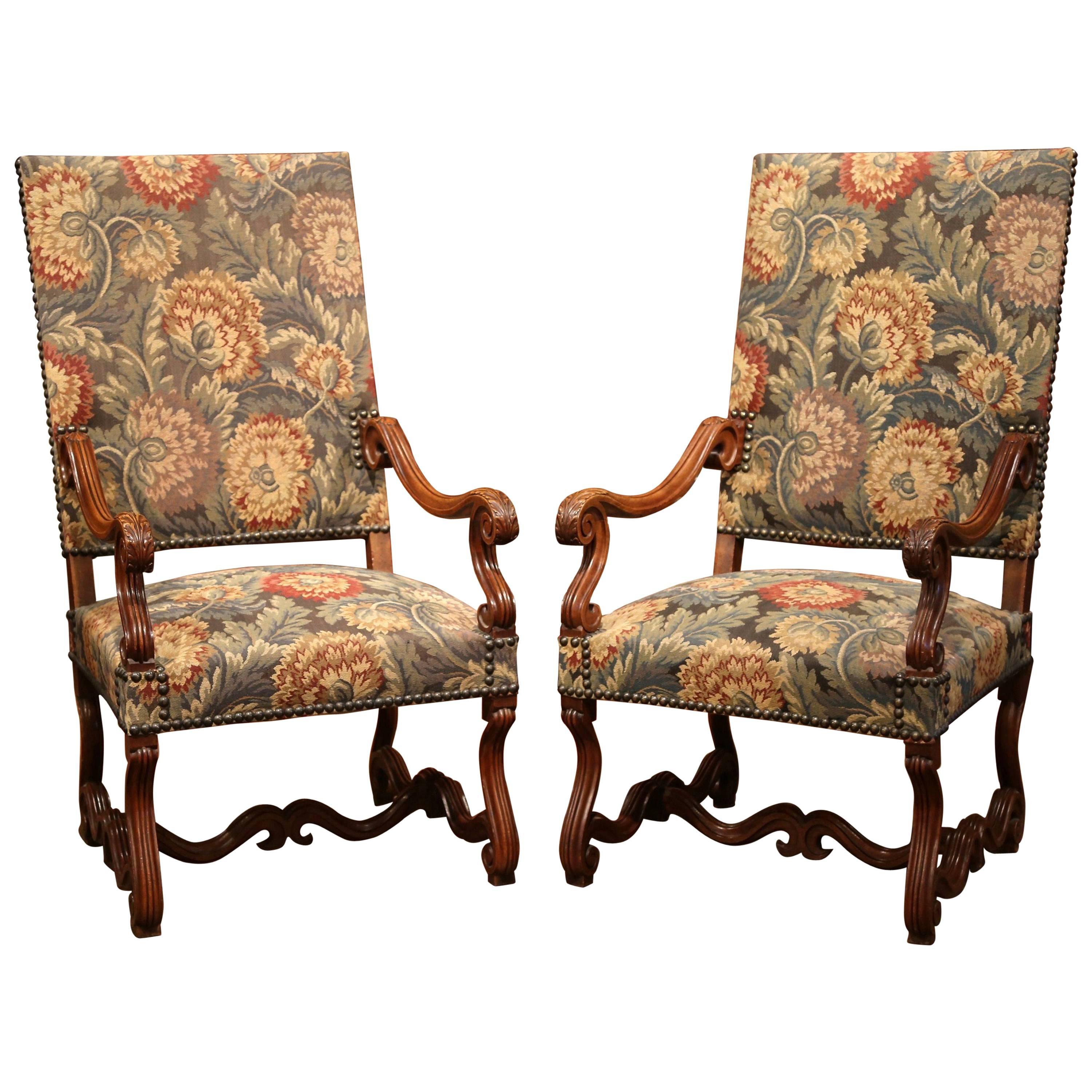 Tall Pair of 19th Century French Louis XIII Carved Walnut Upholstered Armchairs