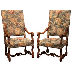 Tall Pair of 19th Century French Louis XIII Carved Walnut Upholstered Armchairs
