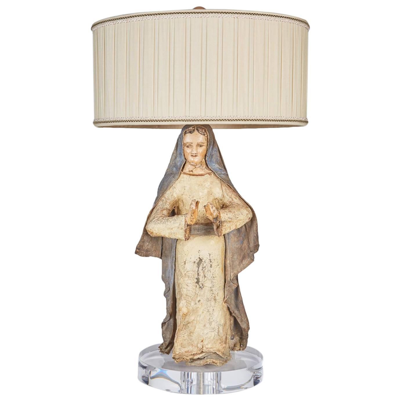 Antike Papiermaché-Creche-Figur der Madonna, jetzt als Lampe montiert