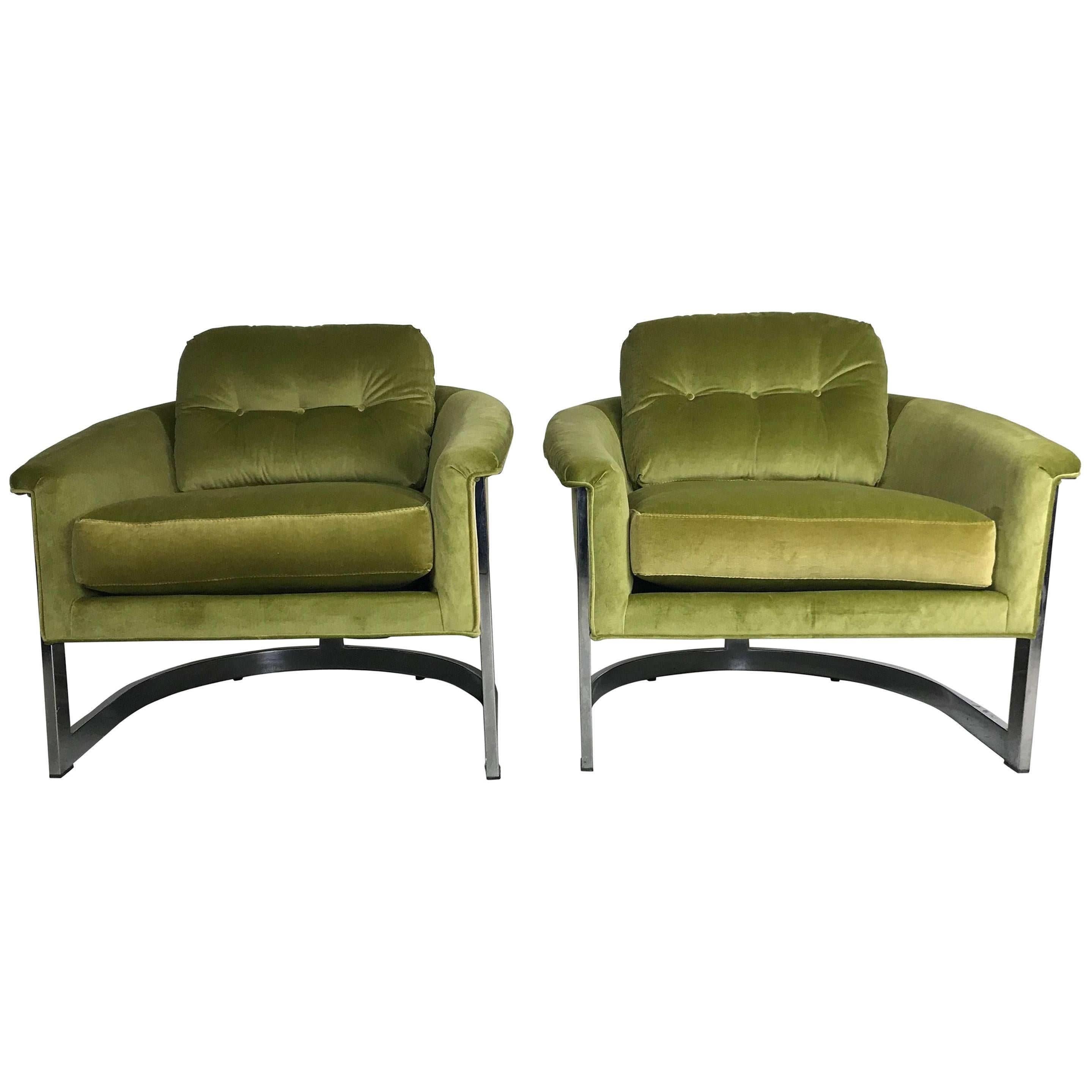Pair of Italian 1960s Chrome and Green Velvet Club Chairs