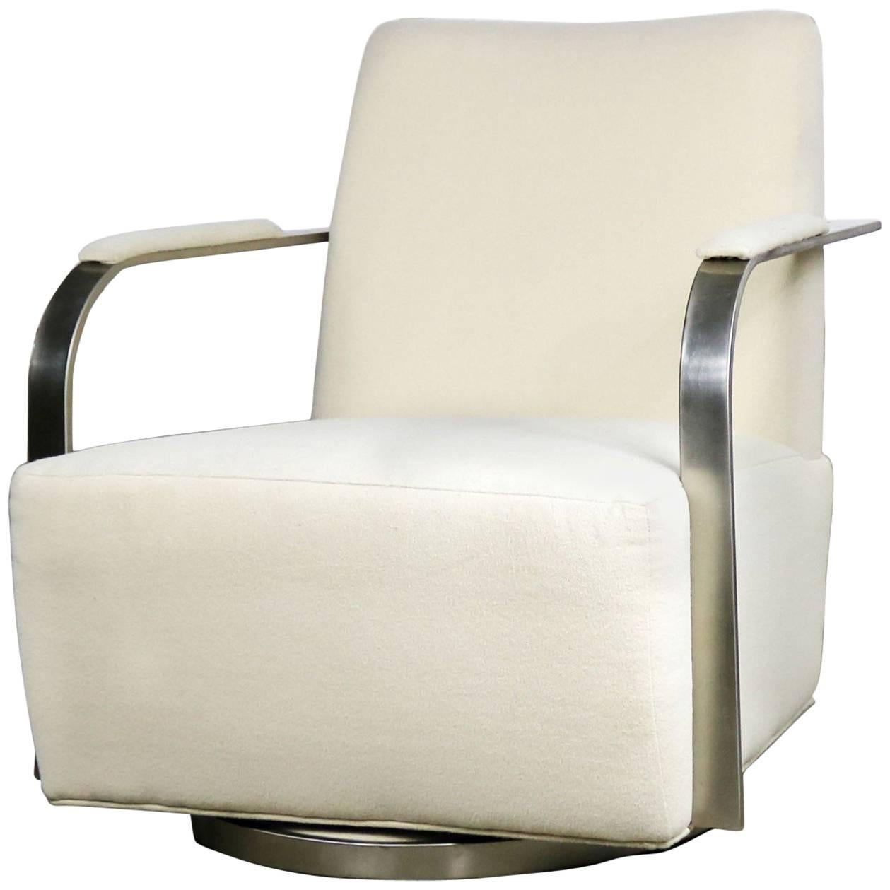Thayer Coggin 1086 Zac Swivel Lounge Chair White and Satin Nickel