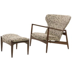 Danish High Back Lounge Chair and Ottoman by Ib Kofod Larsen, Eames Dot Fabric