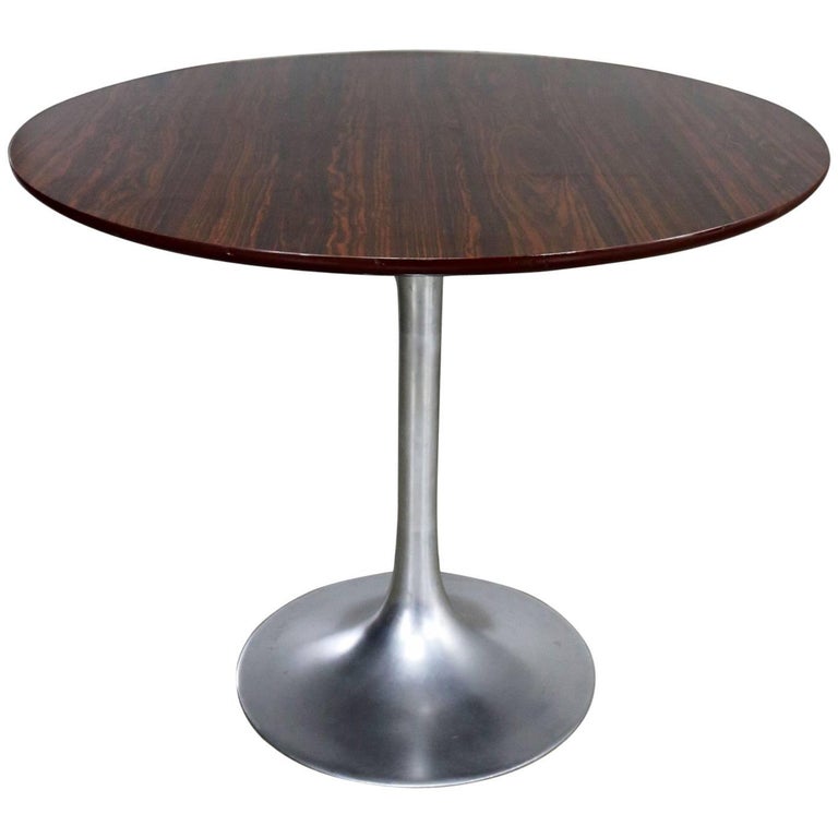 Saarinen Style Tulip Base Table in Aluminum with Wood Grain Laminate