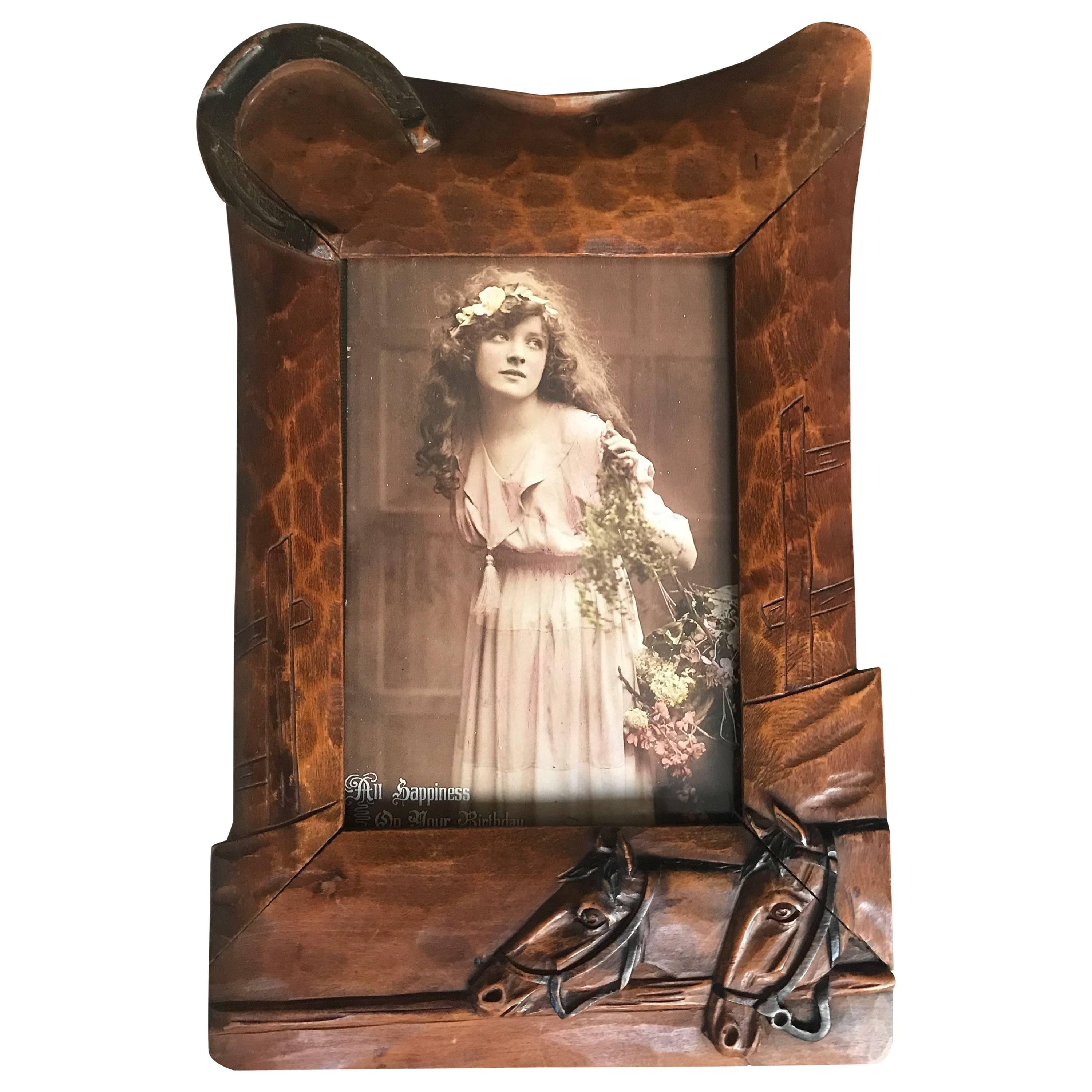 Antique and Fine Quality Hand-Carved Wooden Picture Frame with Horse Theme For Sale