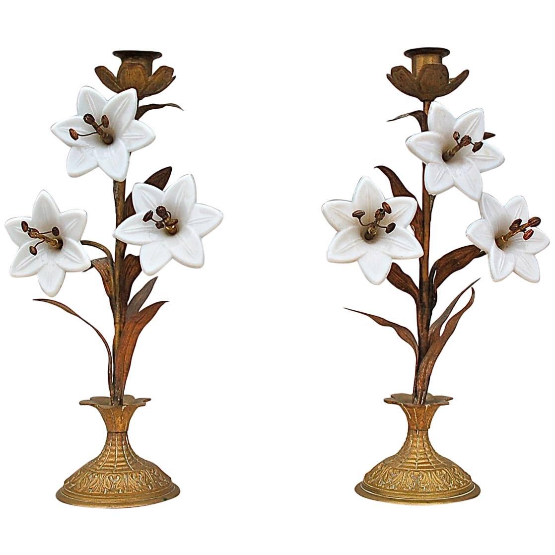 Pair of Antique White Lilly Candlesticks, 19th Century, France