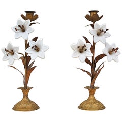 Pair of Antique White Lilly Candlesticks, 19th Century, France