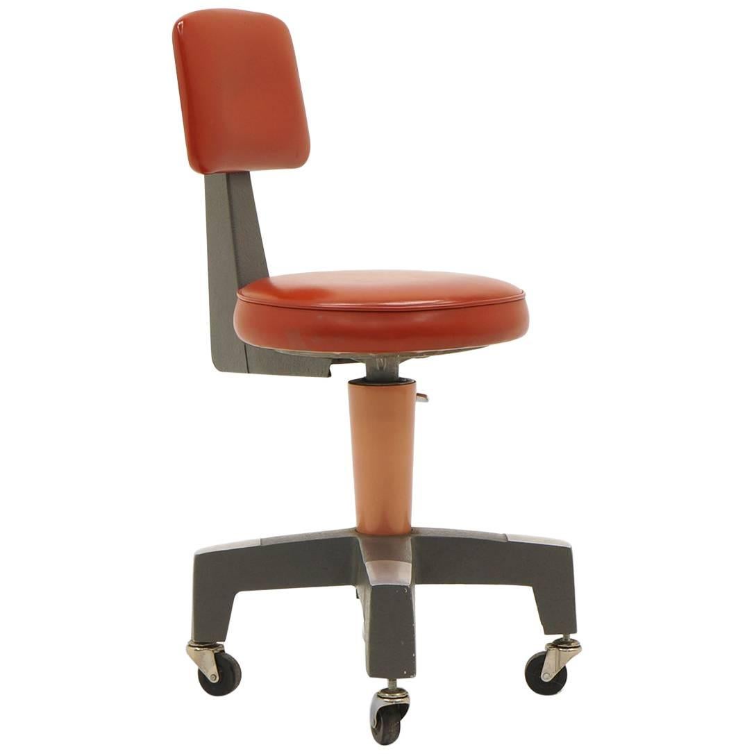 Industrial Design Swivel Chair on Casters by American Optical Corp Red Orange