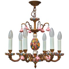 Brass and Porcelain Flower Chandelier, Mid-20th Century