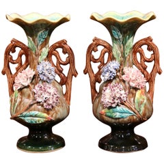 Pair of 19th Century French Hand-Painted Barbotine Vases with Flowers and Leaves